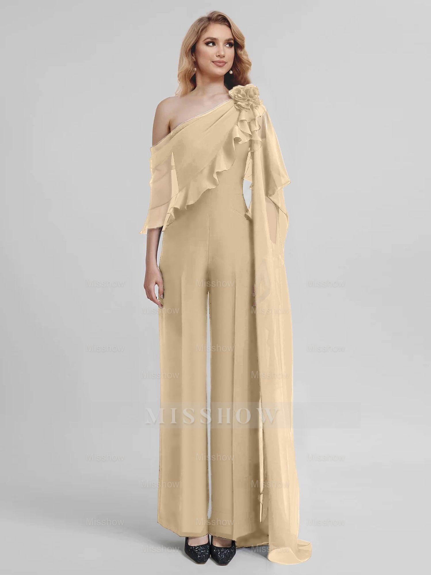 Chiffon One-Shoulder Jumpsuits with Half Sleeves for the Mother of the Bride