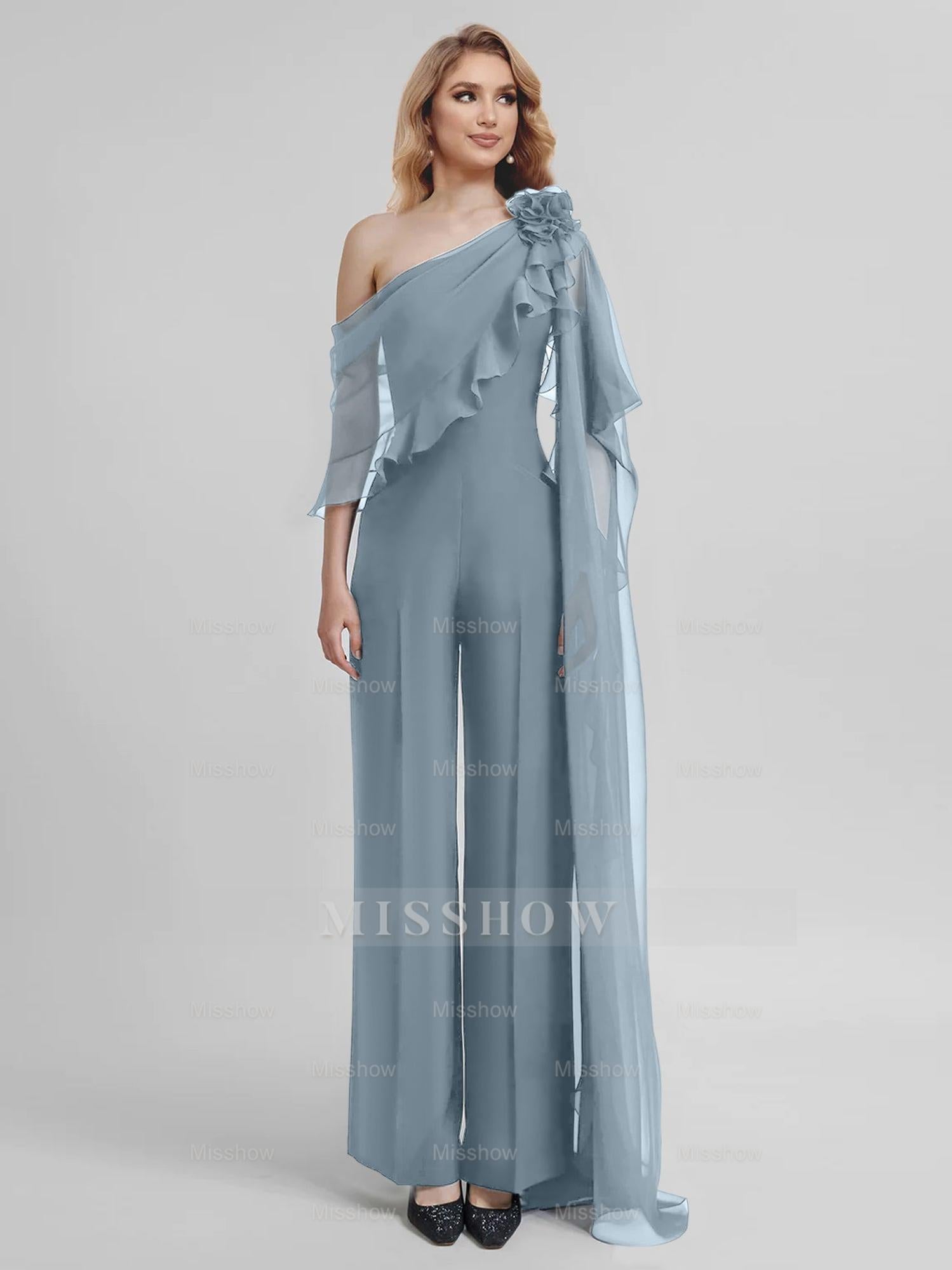 Chiffon One-Shoulder Jumpsuits with Half Sleeves for the Mother of the Bride