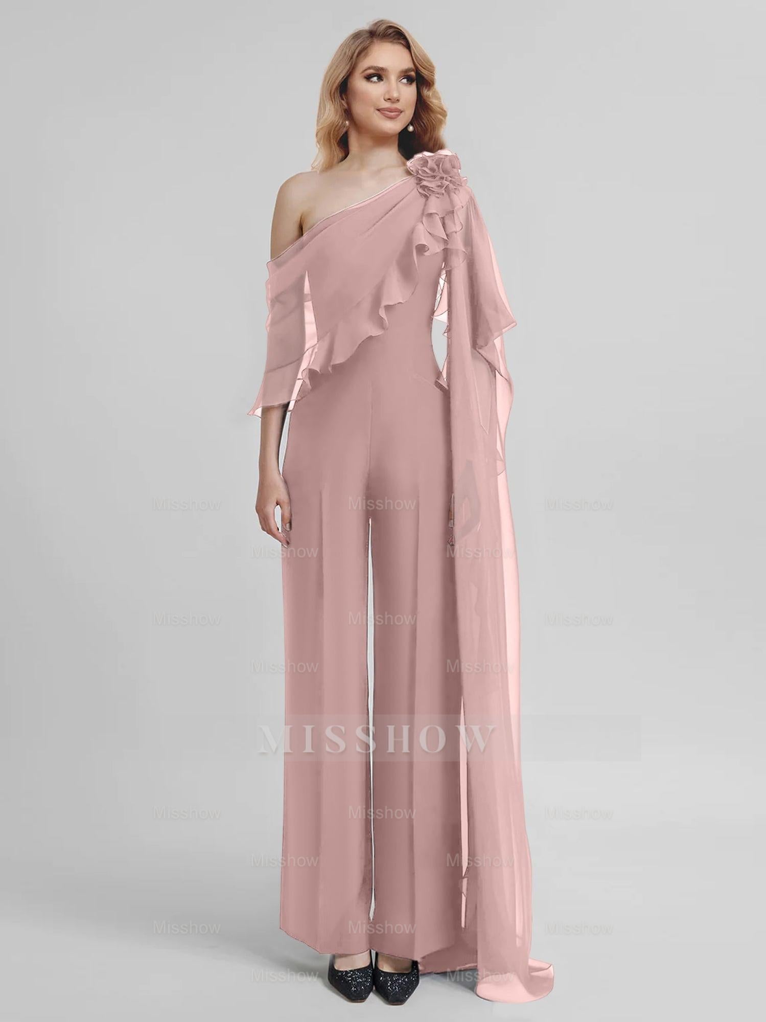 Chiffon One-Shoulder Jumpsuits with Half Sleeves for the Mother of the Bride