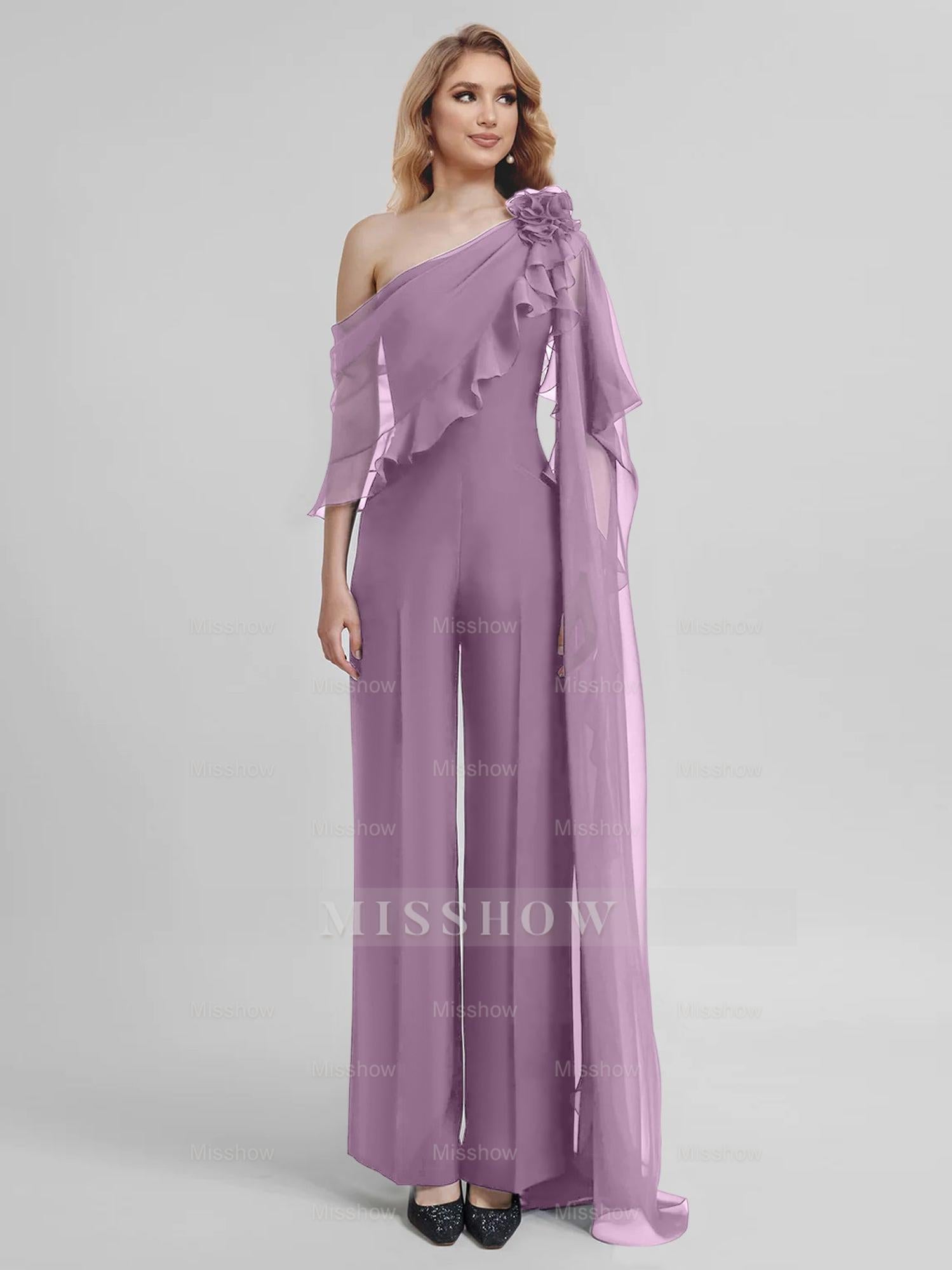 Chiffon One-Shoulder Jumpsuits with Half Sleeves for the Mother of the Bride
