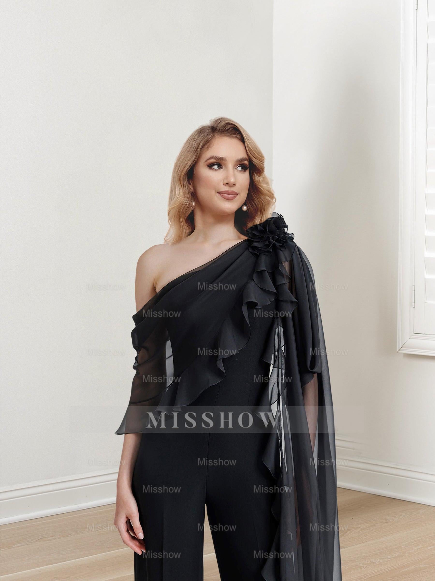 Chiffon One-Shoulder Jumpsuits with Half Sleeves for the Mother of the Bride