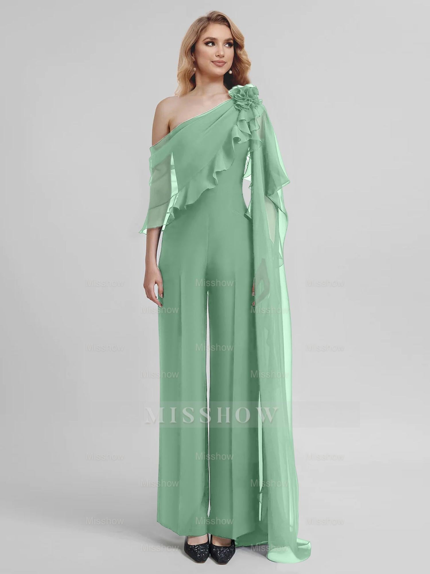Chiffon One-Shoulder Jumpsuits with Half Sleeves for the Mother of the Bride