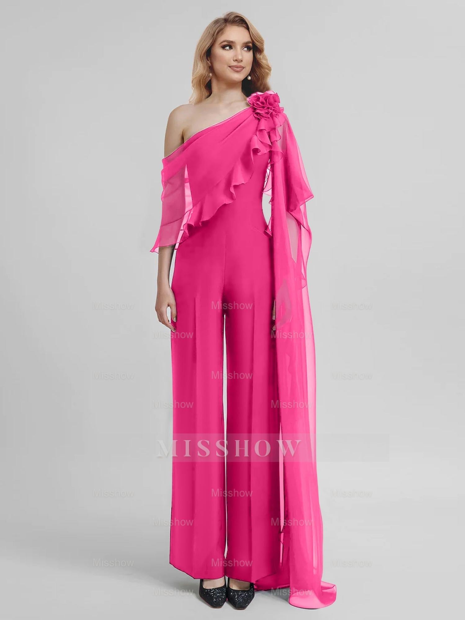 Chiffon One-Shoulder Jumpsuits with Half Sleeves for the Mother of the Bride