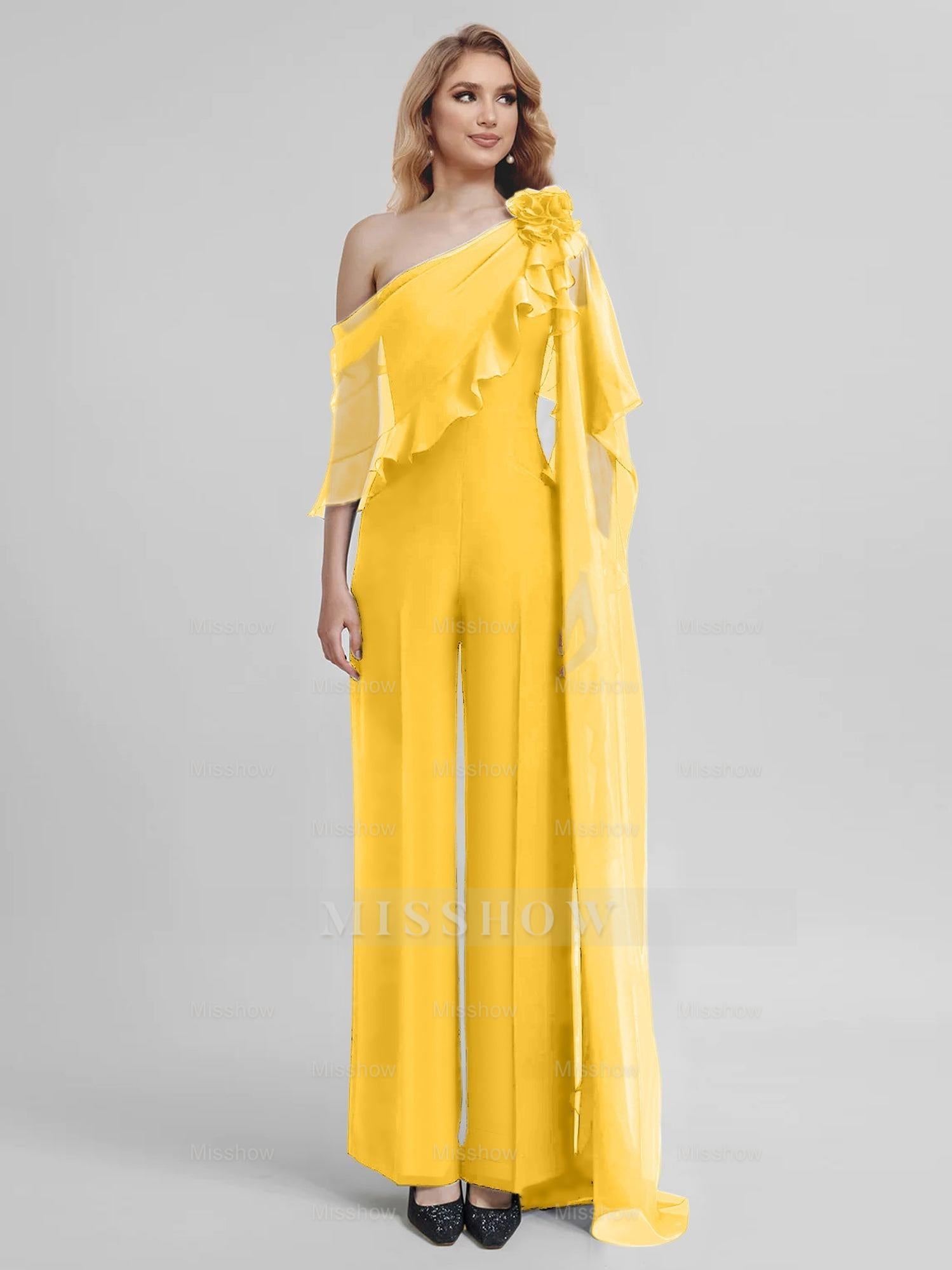 Chiffon One-Shoulder Jumpsuits with Half Sleeves for the Mother of the Bride
