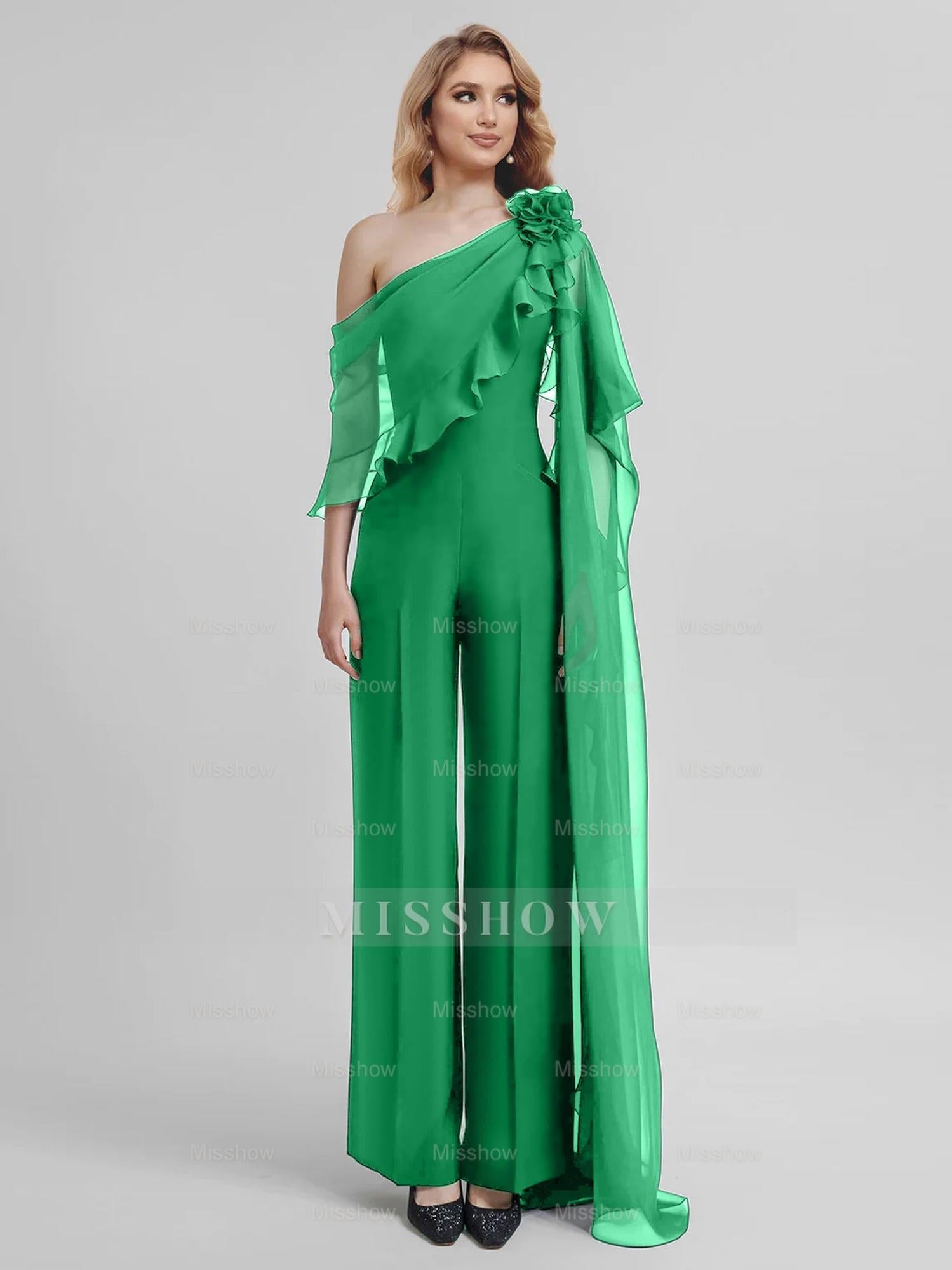 Chiffon One-Shoulder Jumpsuits with Half Sleeves for the Mother of the Bride