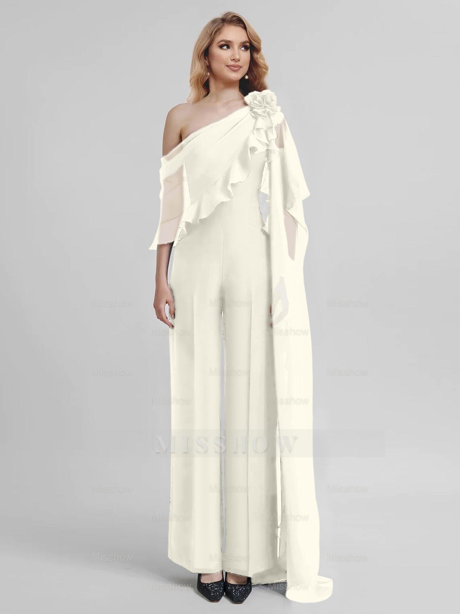 Chiffon One-Shoulder Jumpsuits with Half Sleeves for the Mother of the Bride