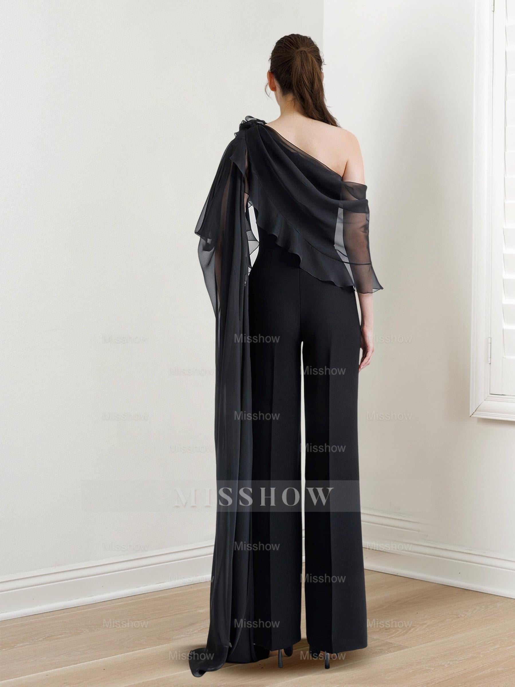 Chiffon One-Shoulder Jumpsuits with Half Sleeves for the Mother of the Bride