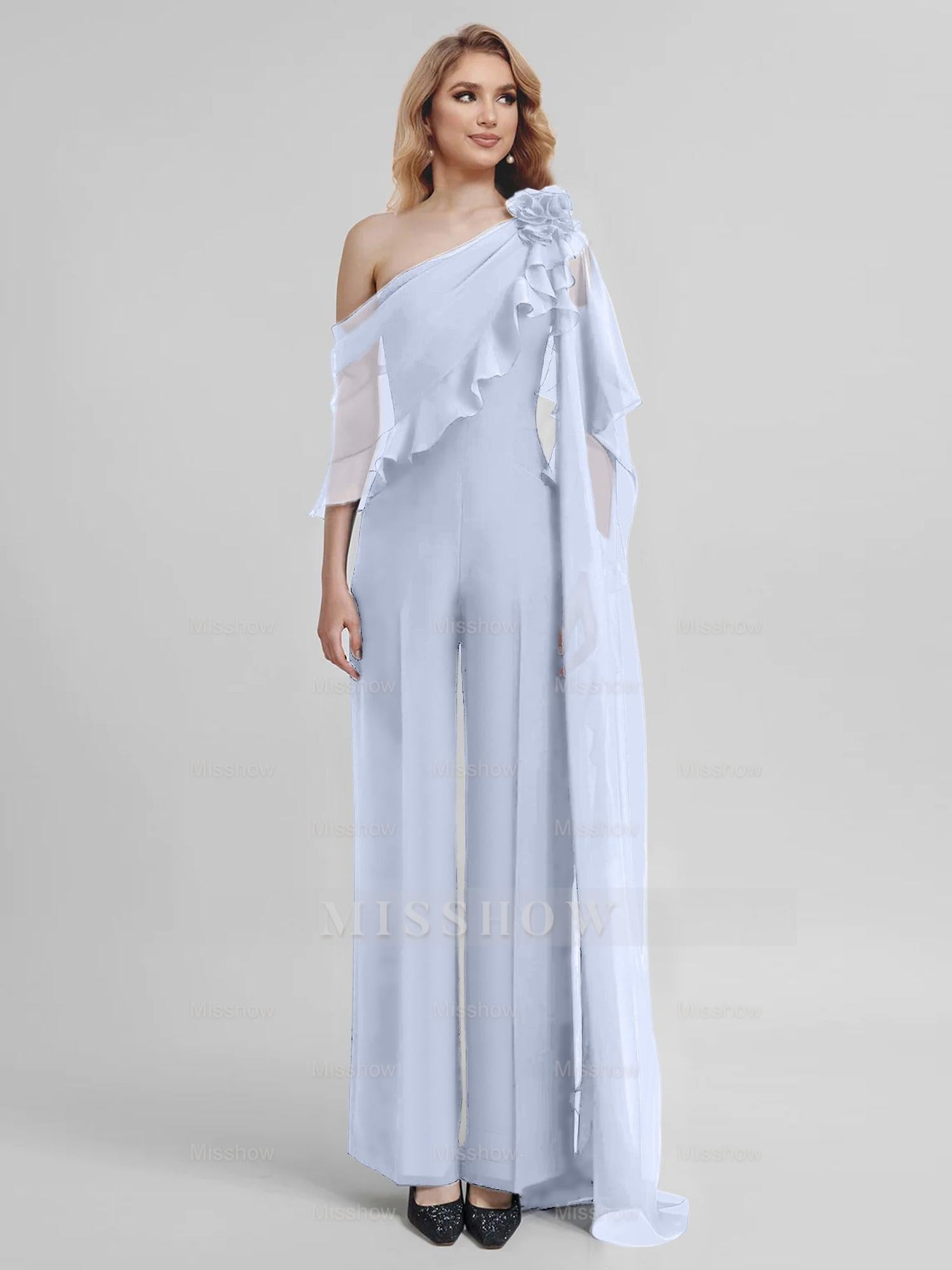 Chiffon One-Shoulder Jumpsuits with Half Sleeves for the Mother of the Bride