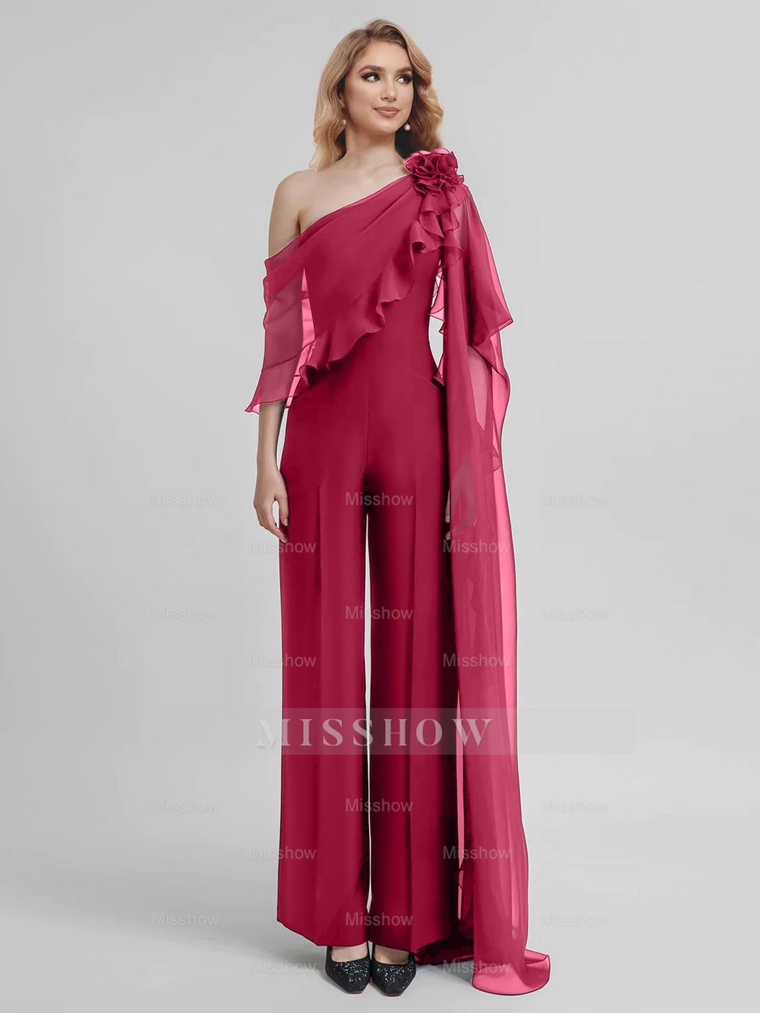 Chiffon One-Shoulder Jumpsuits with Half Sleeves for the Mother of the Bride