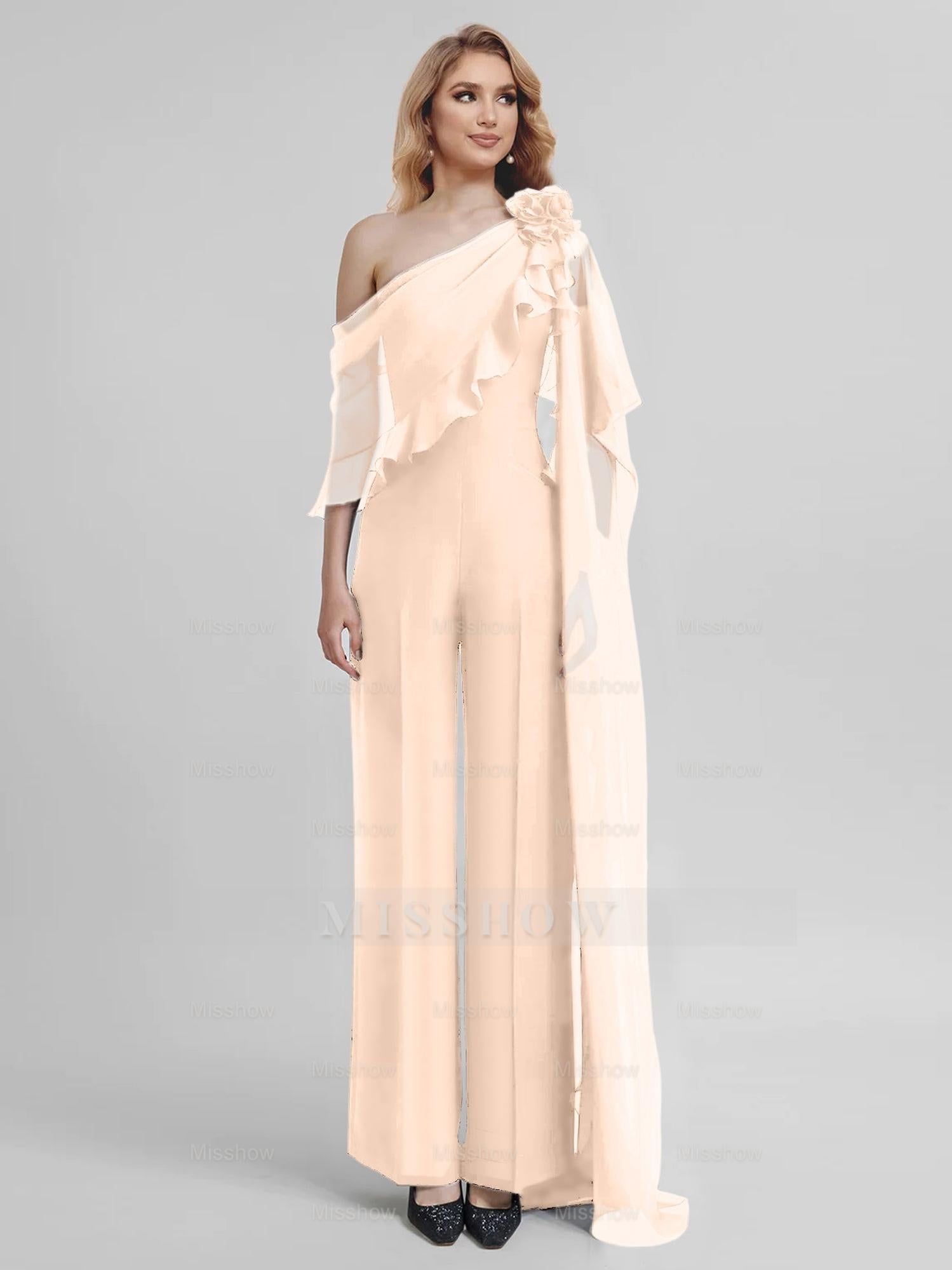 Chiffon One-Shoulder Jumpsuits with Half Sleeves for the Mother of the Bride