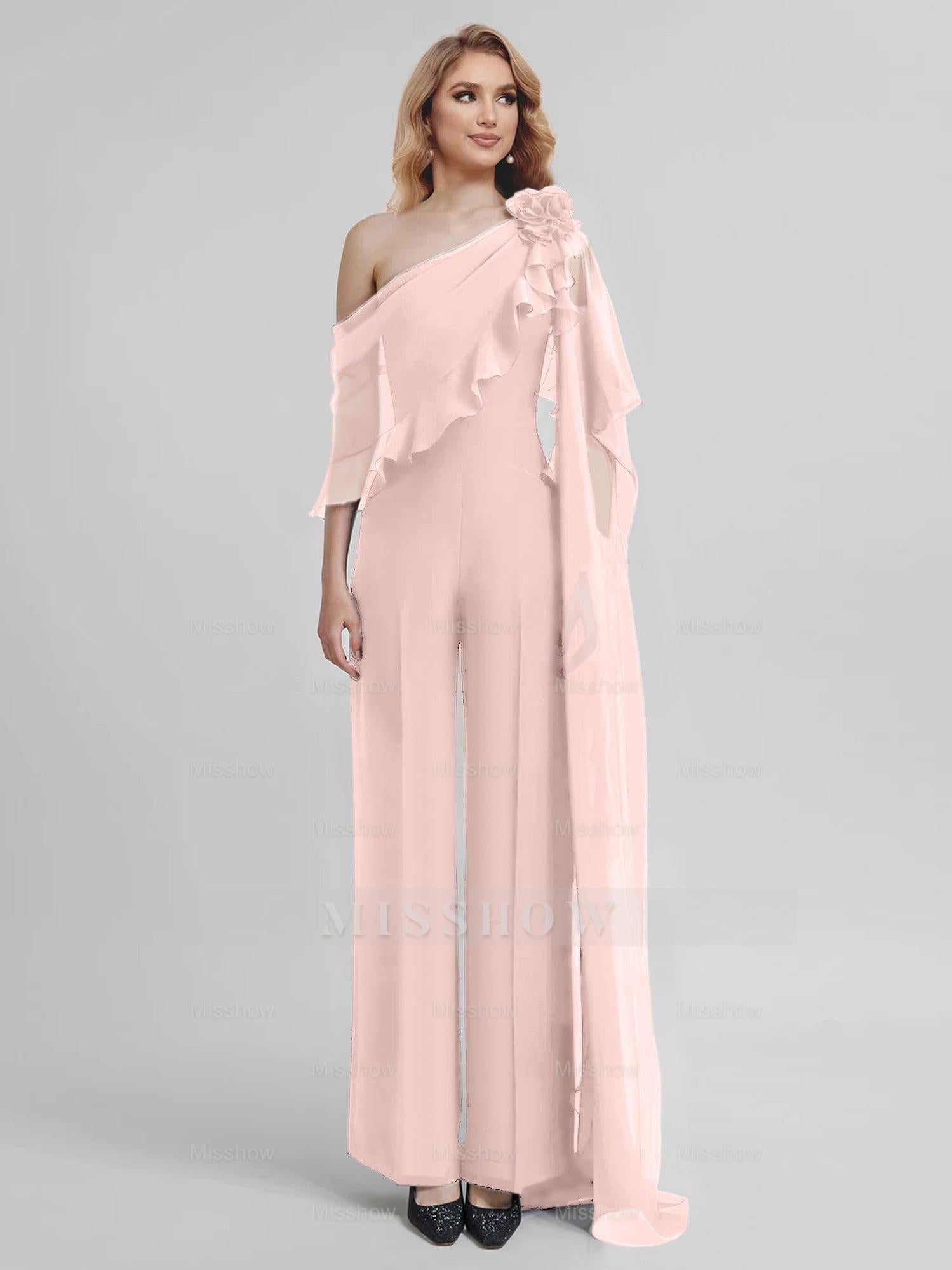 Chiffon One-Shoulder Jumpsuits with Half Sleeves for the Mother of the Bride