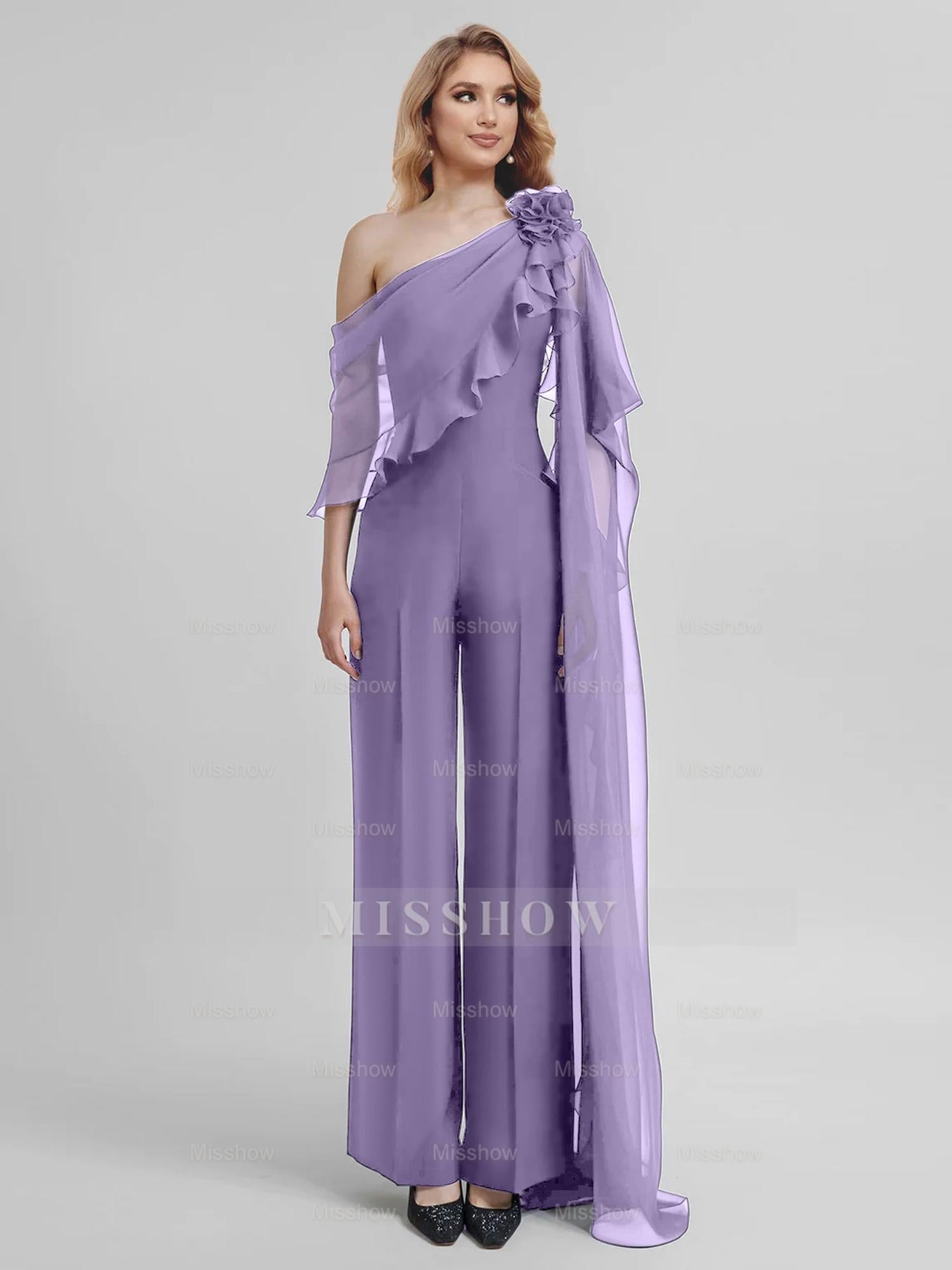 Chiffon One-Shoulder Jumpsuits with Half Sleeves for the Mother of the Bride
