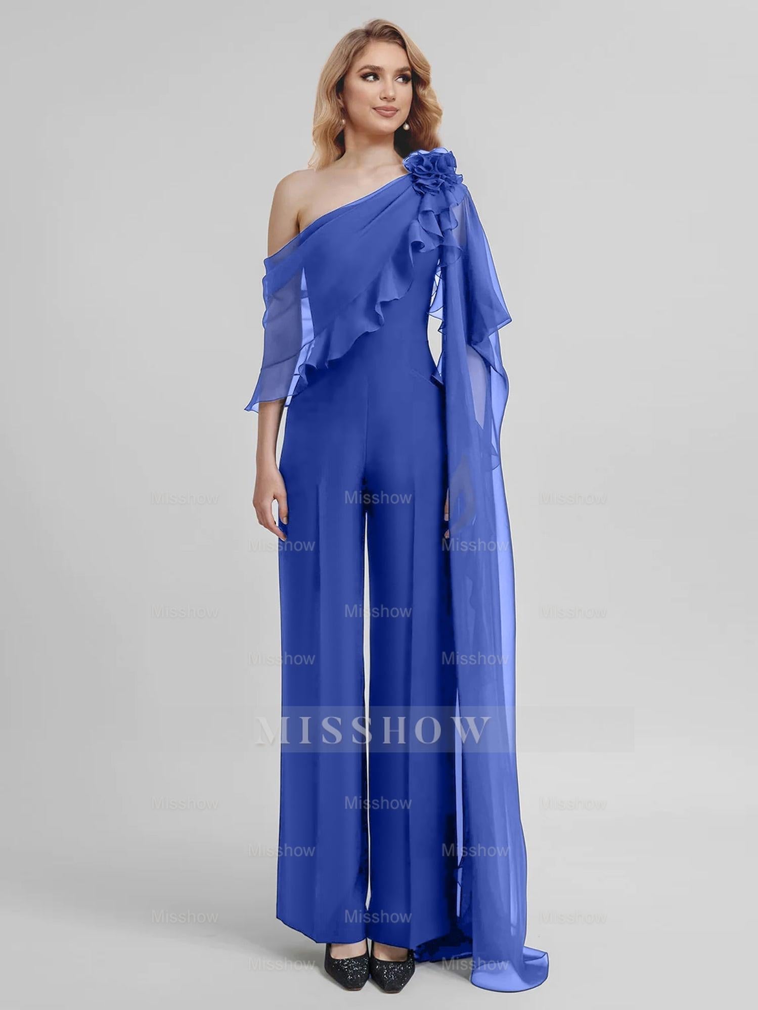 Chiffon One-Shoulder Jumpsuits with Half Sleeves for the Mother of the Bride