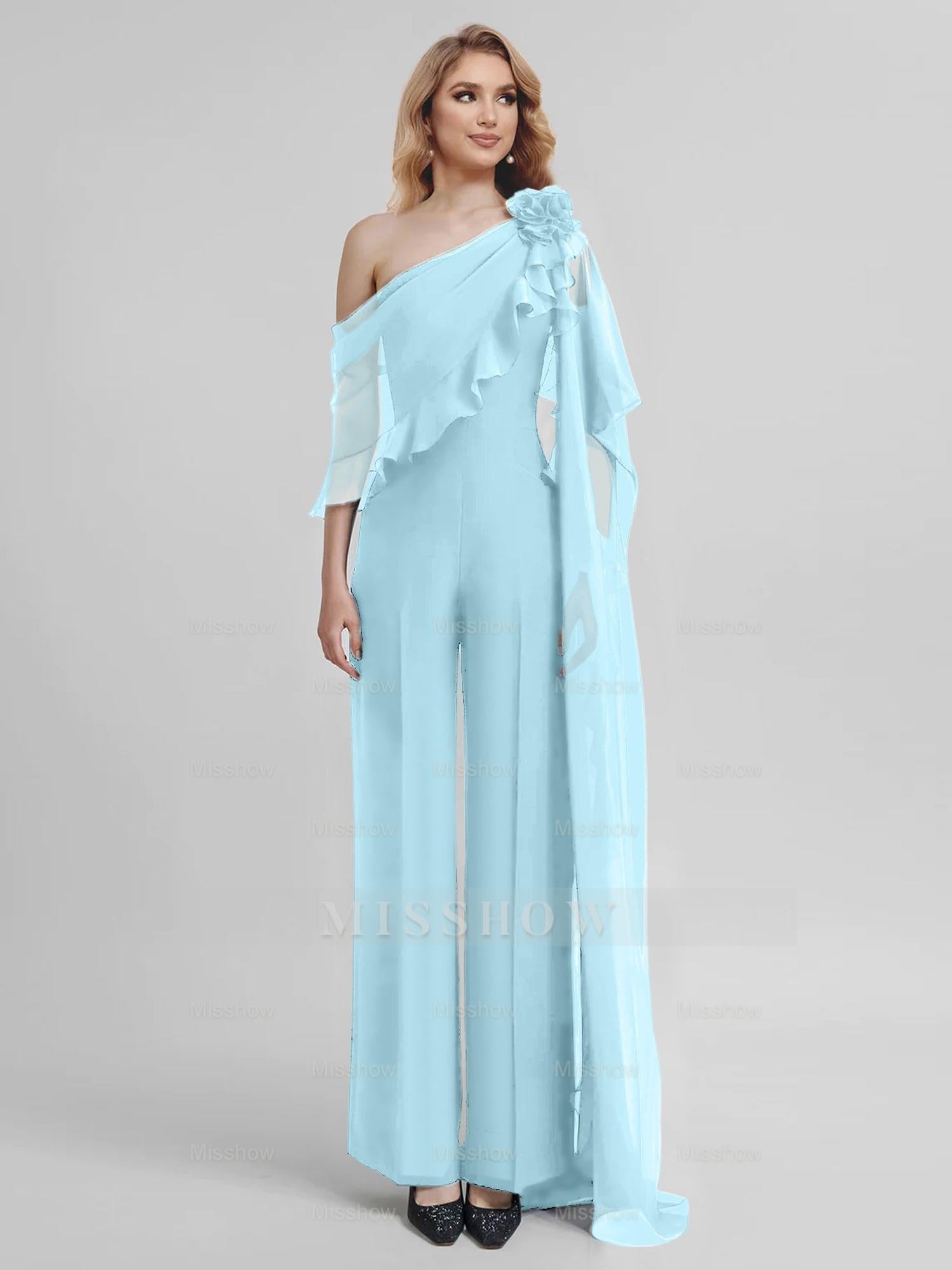 Chiffon One-Shoulder Jumpsuits with Half Sleeves for the Mother of the Bride
