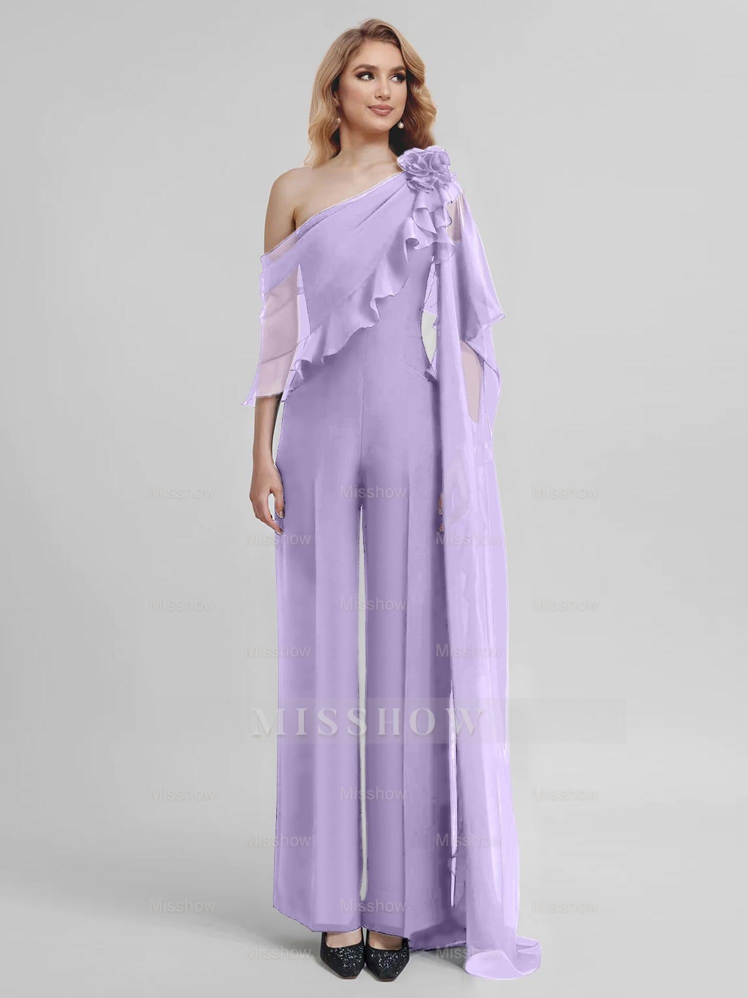 Chiffon One-Shoulder Jumpsuits with Half Sleeves for the Mother of the Bride