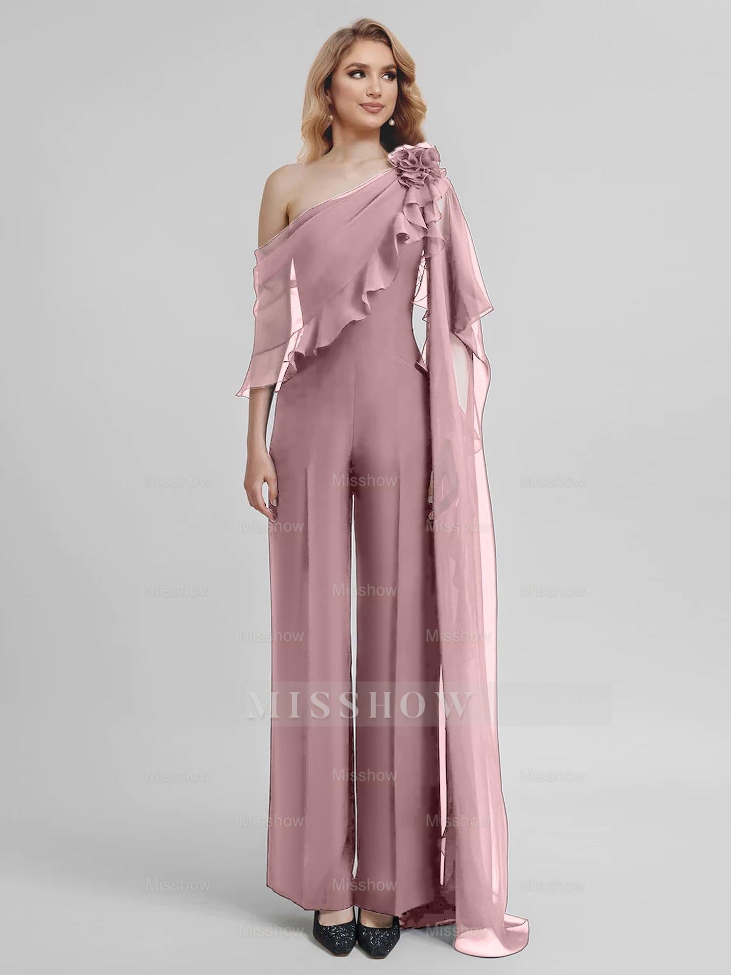 Chiffon One-Shoulder Jumpsuits with Half Sleeves for the Mother of the Bride