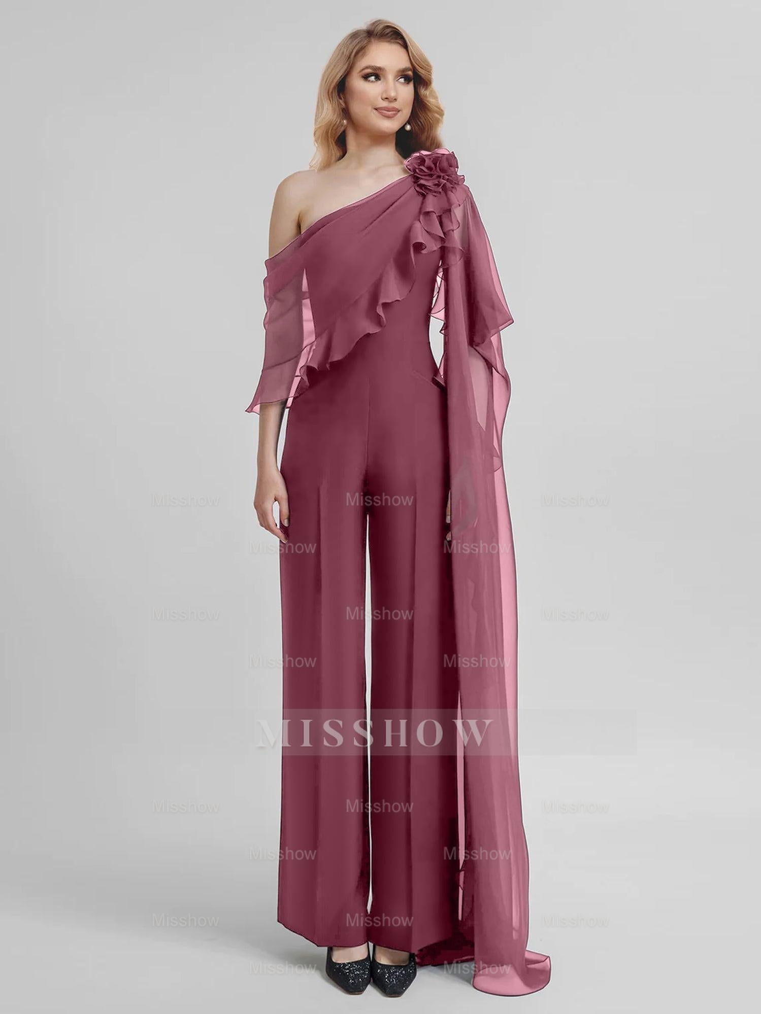 Chiffon One-Shoulder Jumpsuits with Half Sleeves for the Mother of the Bride