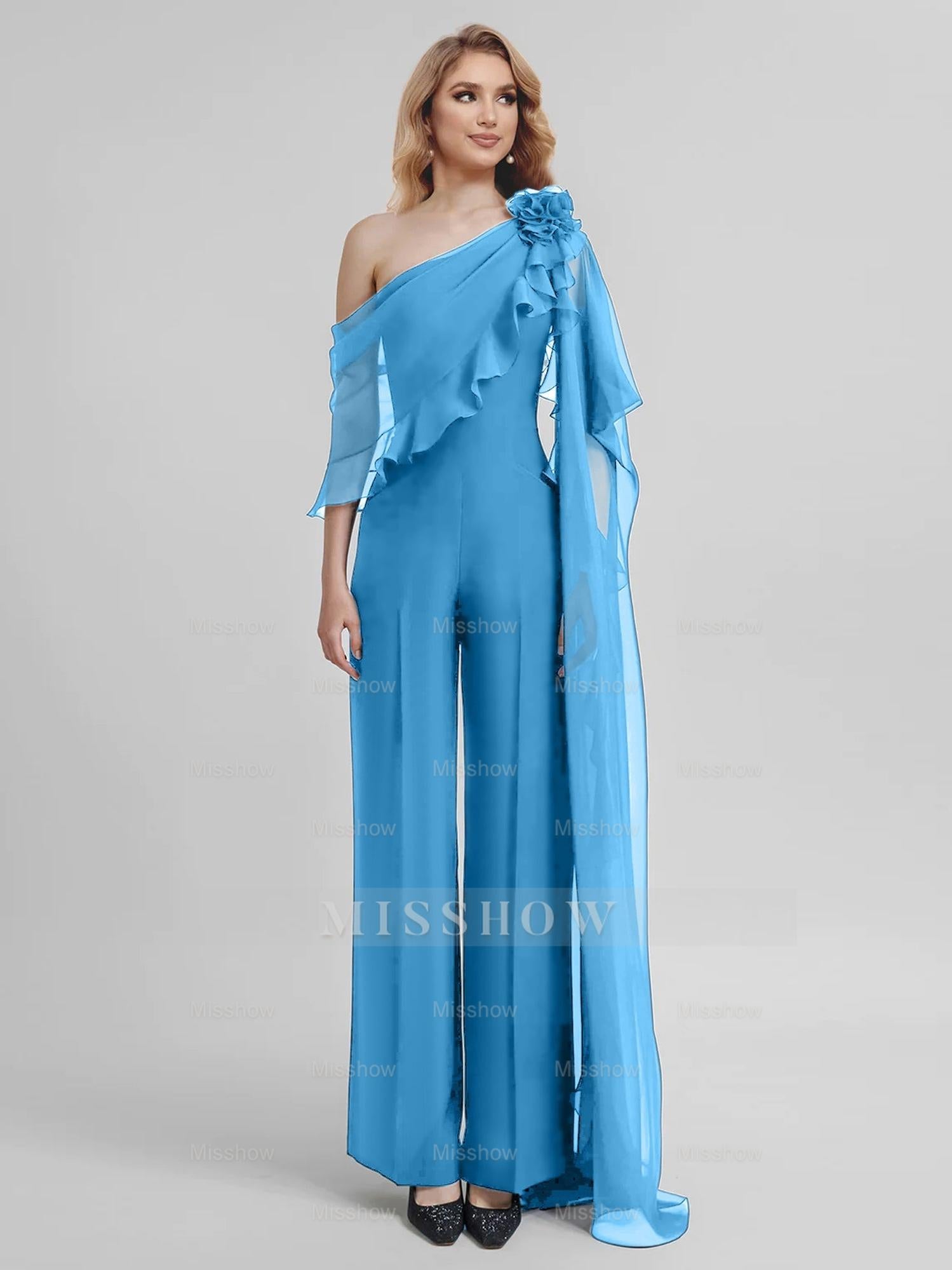 Chiffon One-Shoulder Jumpsuits with Half Sleeves for the Mother of the Bride