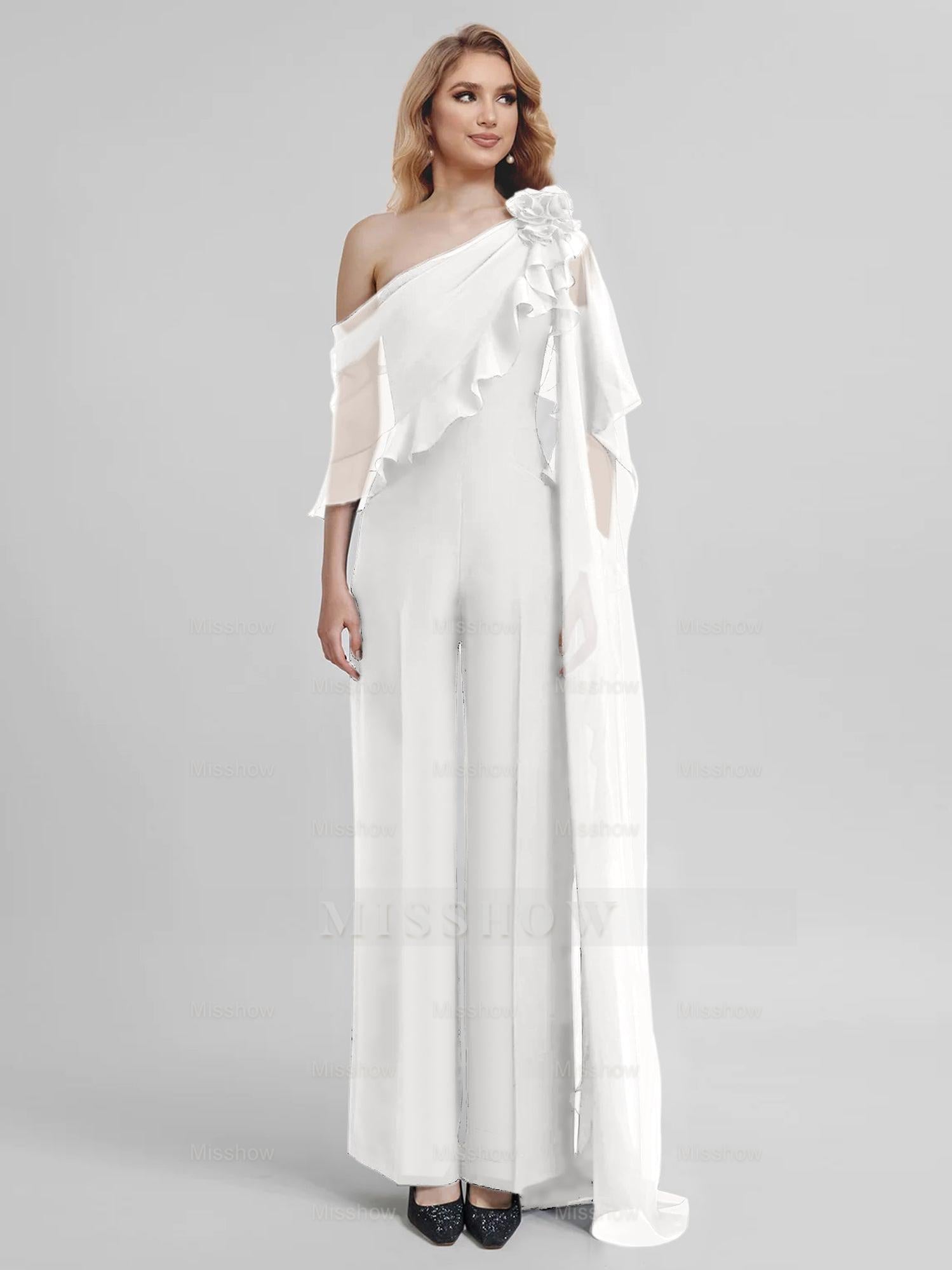 Chiffon One-Shoulder Jumpsuits with Half Sleeves for the Mother of the Bride
