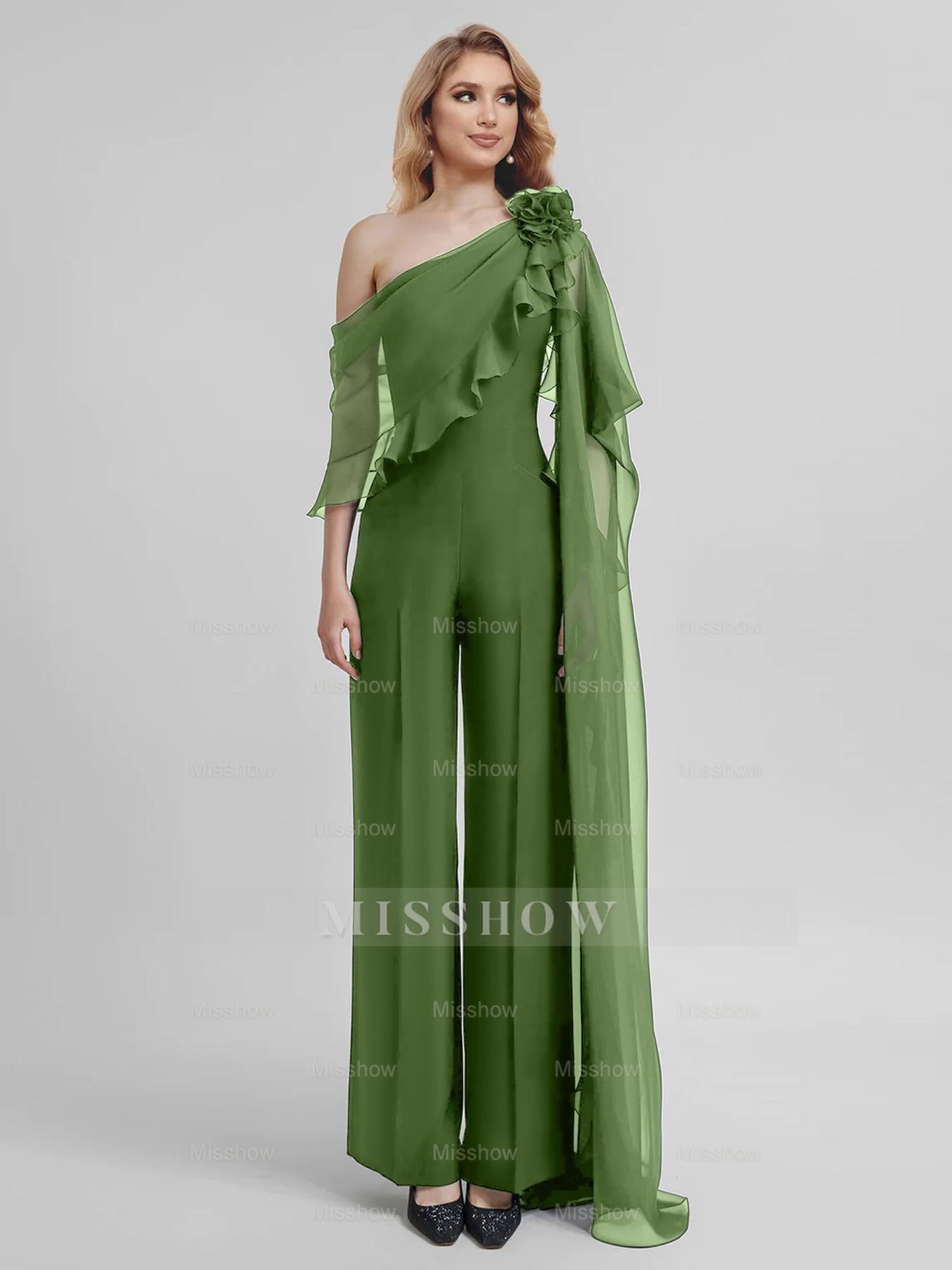 Chiffon One-Shoulder Jumpsuits with Half Sleeves for the Mother of the Bride