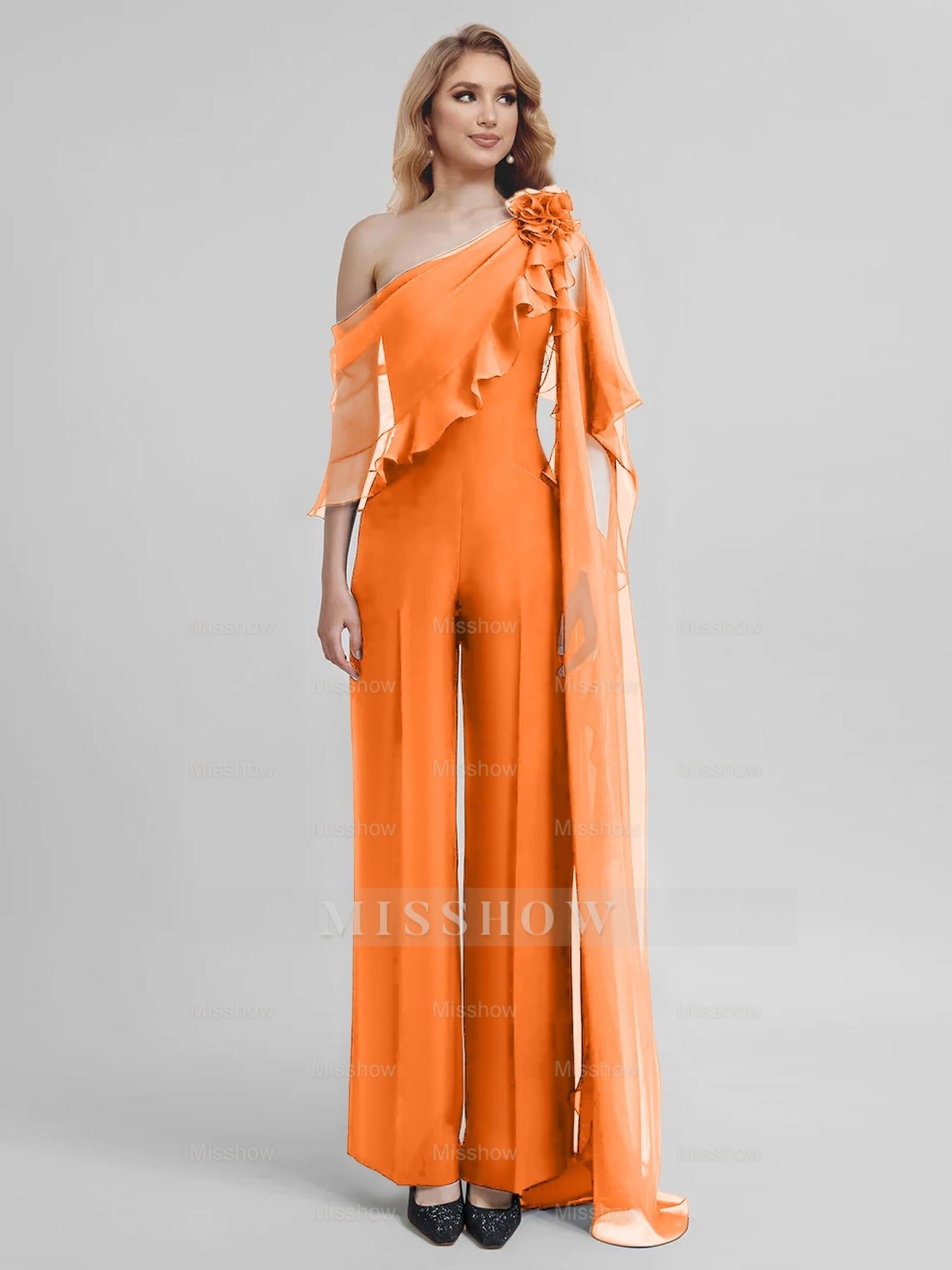 Chiffon One-Shoulder Jumpsuits with Half Sleeves for the Mother of the Bride