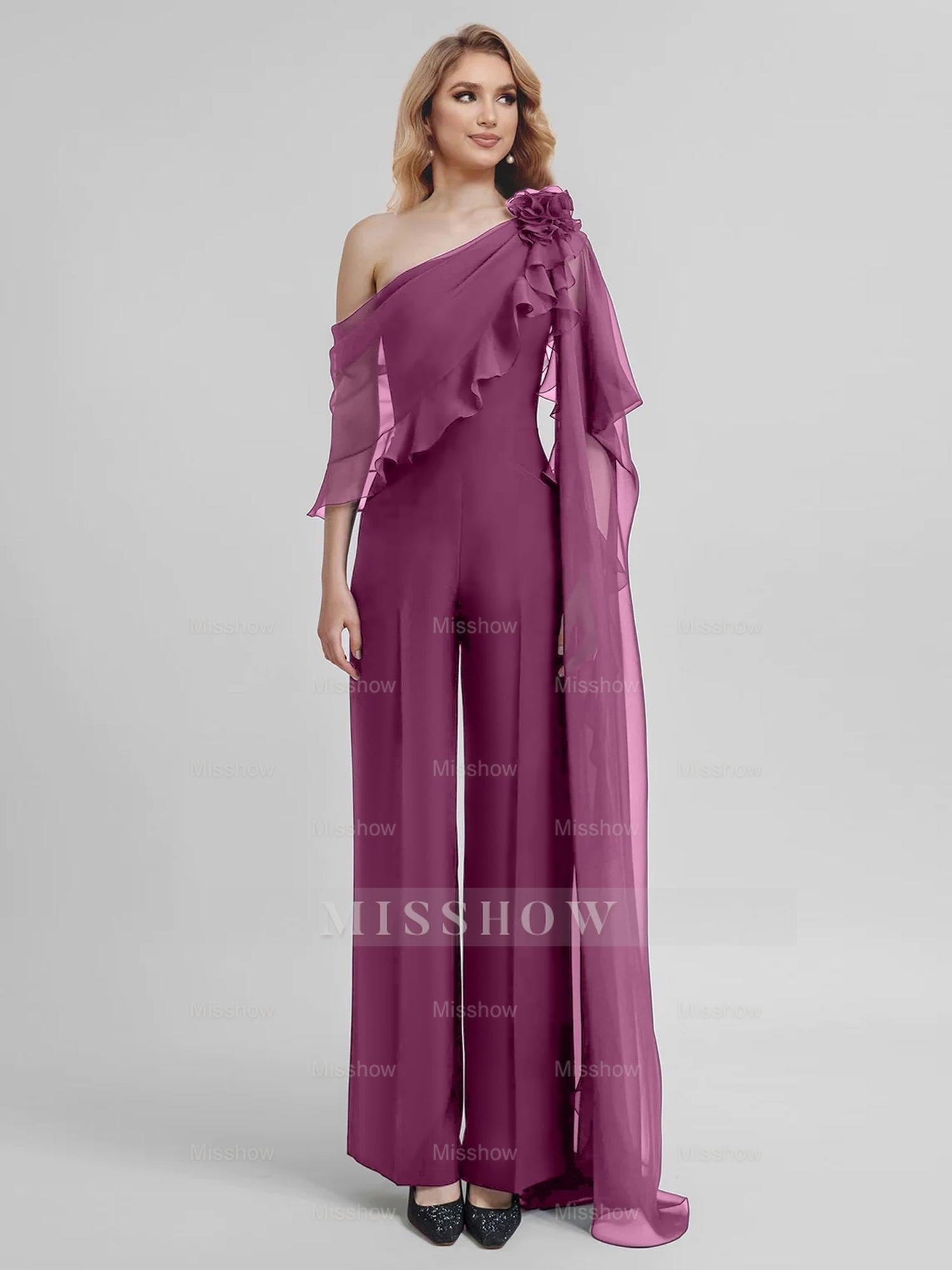 Chiffon One-Shoulder Jumpsuits with Half Sleeves for the Mother of the Bride