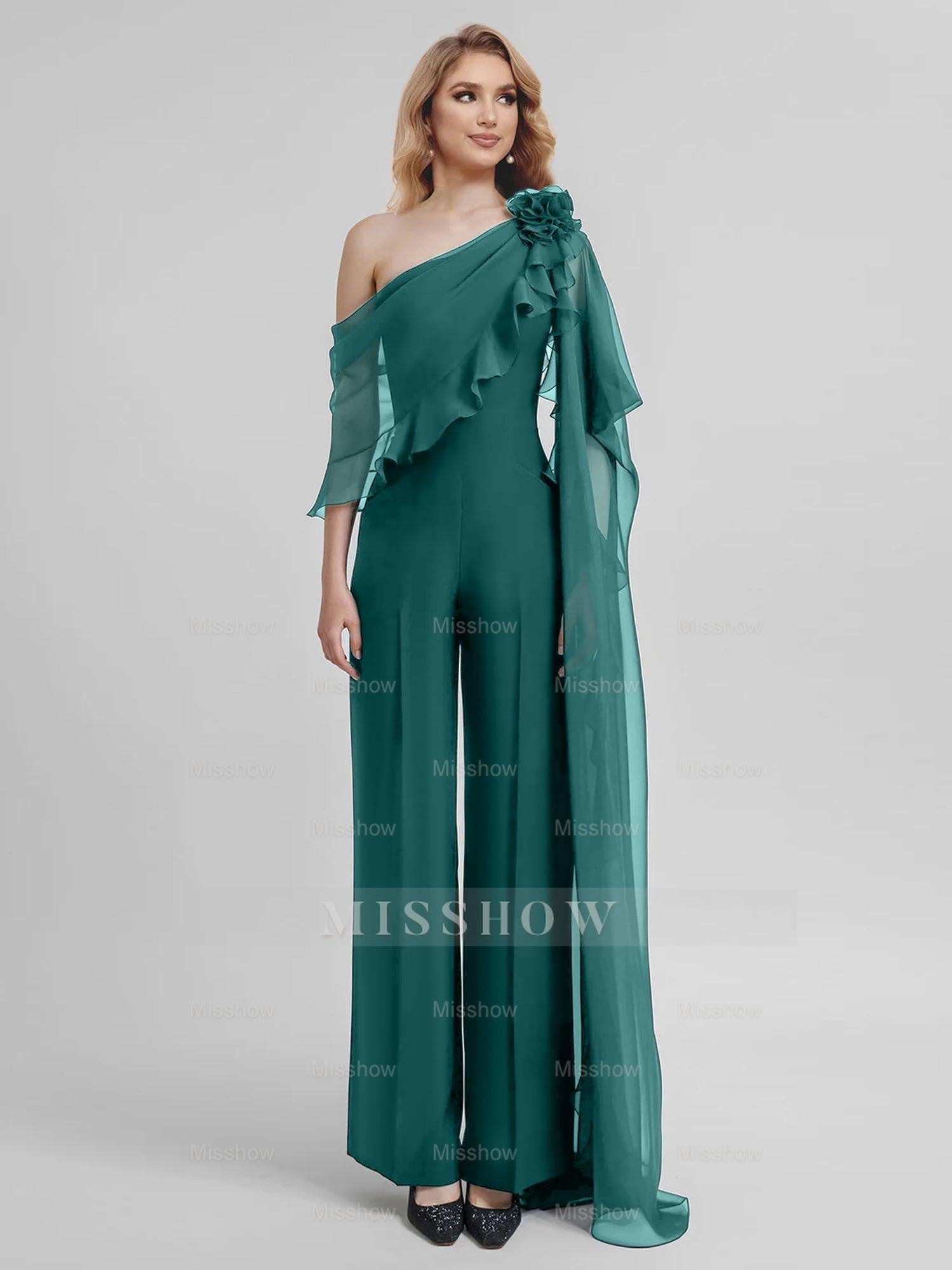 Chiffon One-Shoulder Jumpsuits with Half Sleeves for the Mother of the Bride
