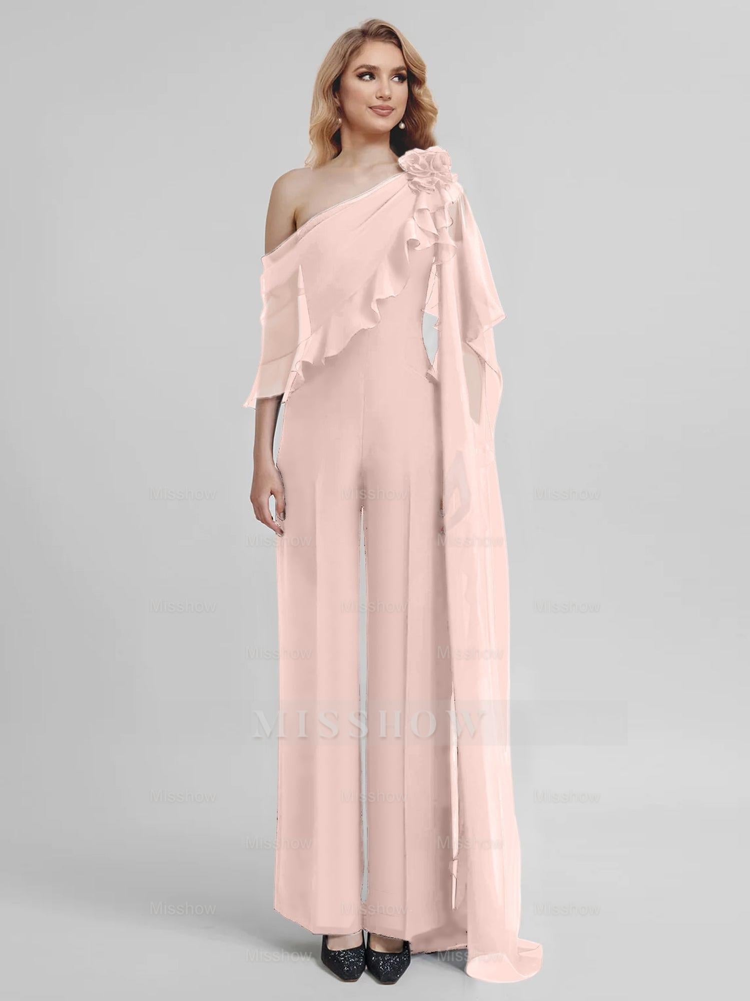 Chiffon One-Shoulder Jumpsuits with Half Sleeves for the Mother of the Bride
