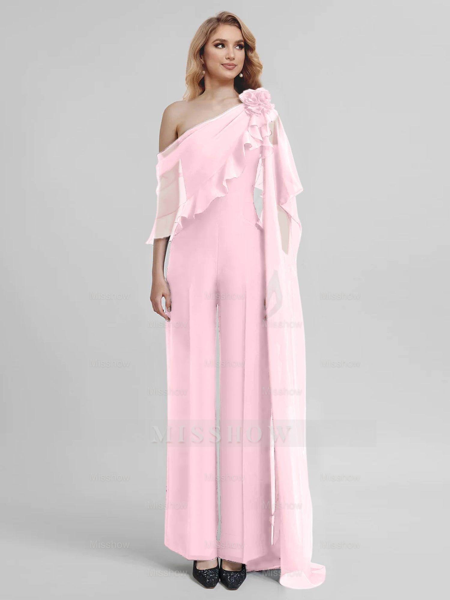 Chiffon One-Shoulder Jumpsuits with Half Sleeves for the Mother of the Bride