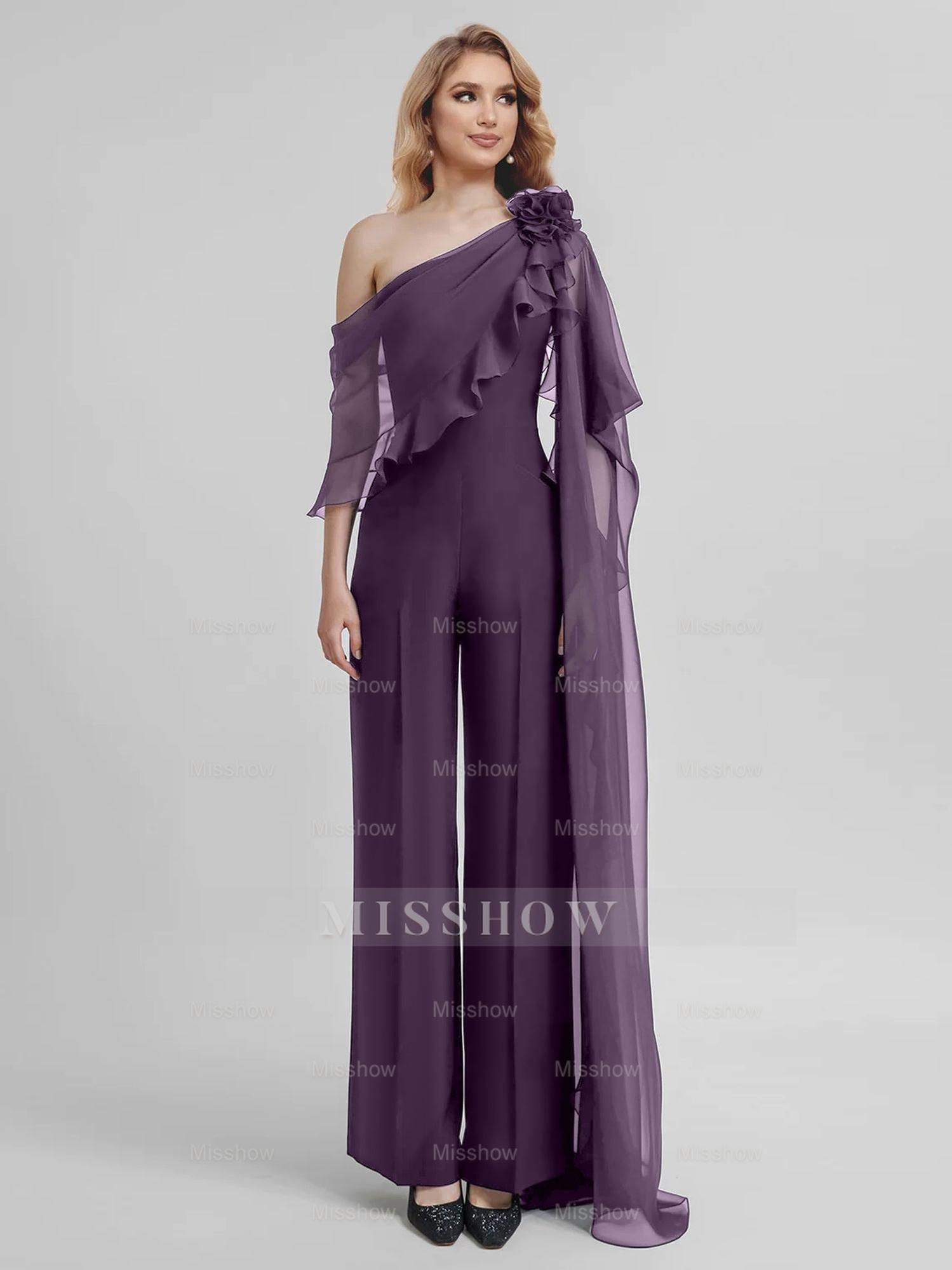 Chiffon One-Shoulder Jumpsuits with Half Sleeves for the Mother of the Bride