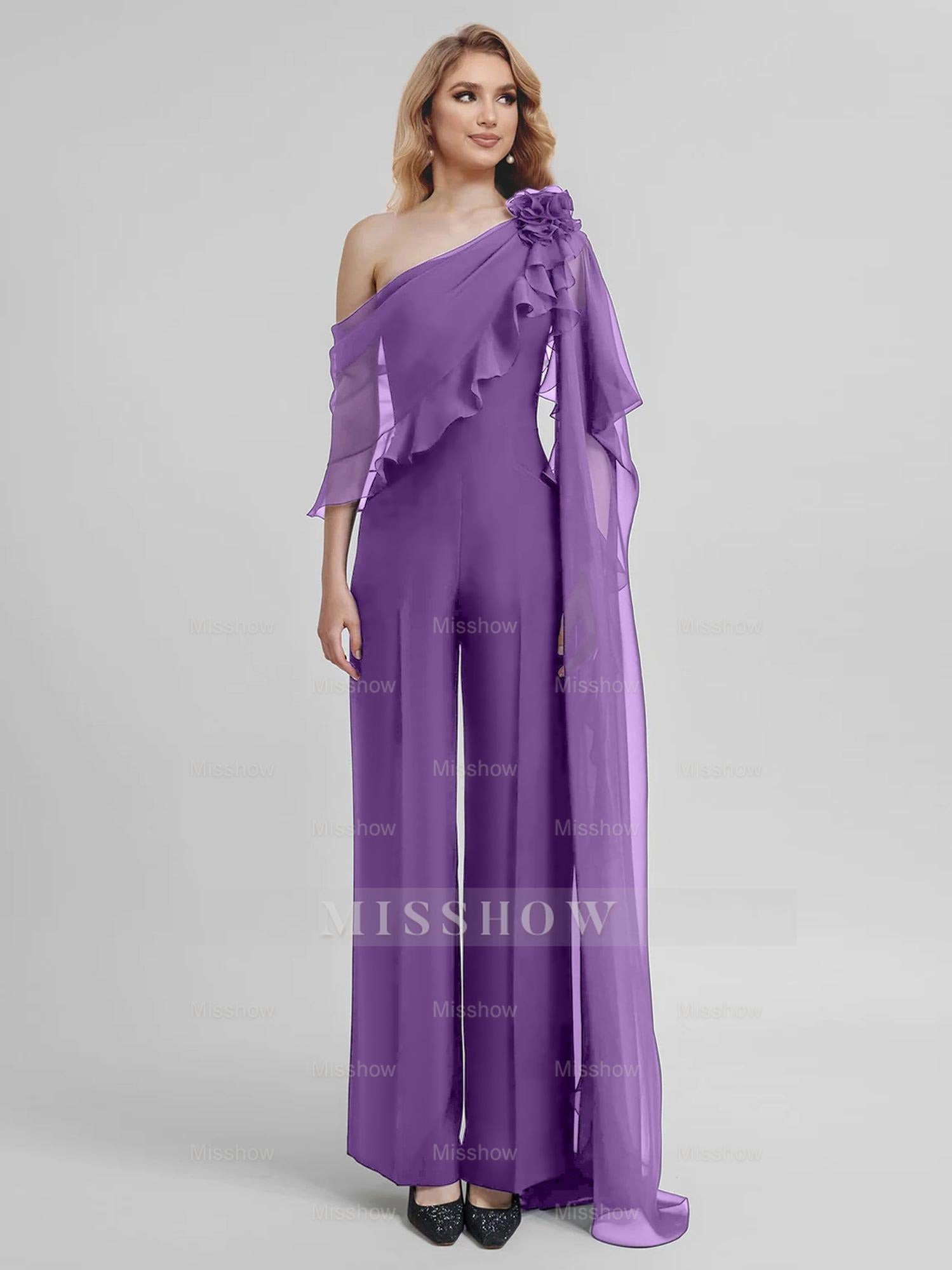 Chiffon One-Shoulder Jumpsuits with Half Sleeves for the Mother of the Bride