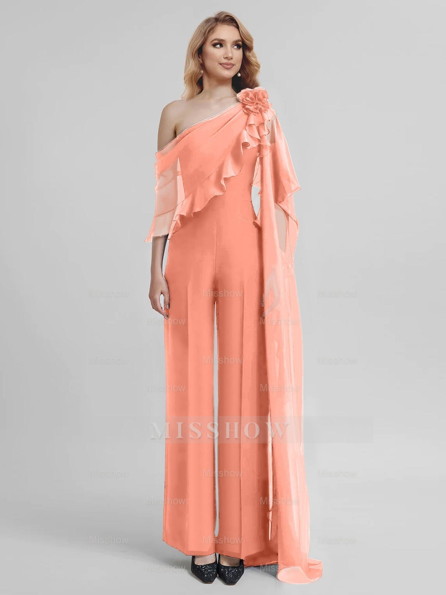 Chiffon One-Shoulder Jumpsuits with Half Sleeves for the Mother of the Bride