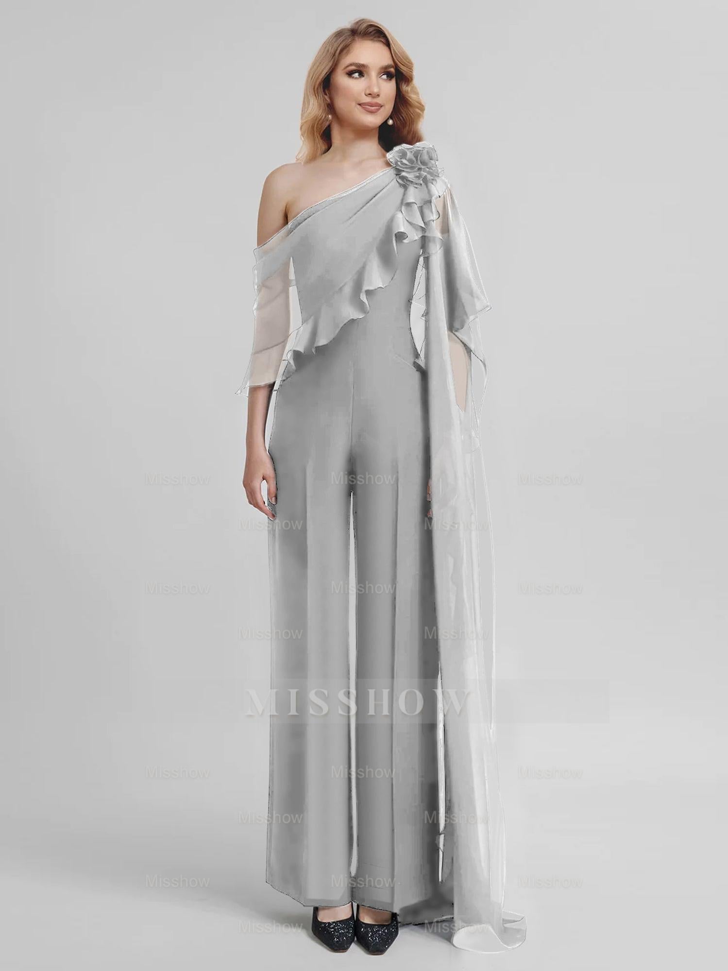 Chiffon One-Shoulder Jumpsuits with Half Sleeves for the Mother of the Bride