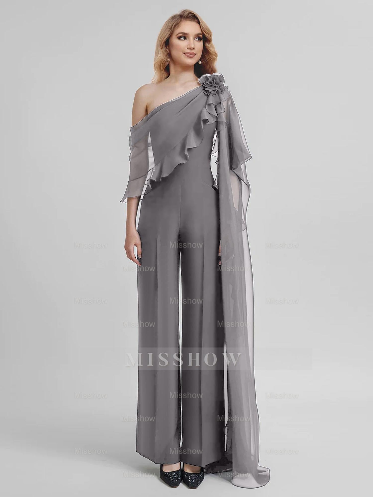 Chiffon One-Shoulder Jumpsuits with Half Sleeves for the Mother of the Bride