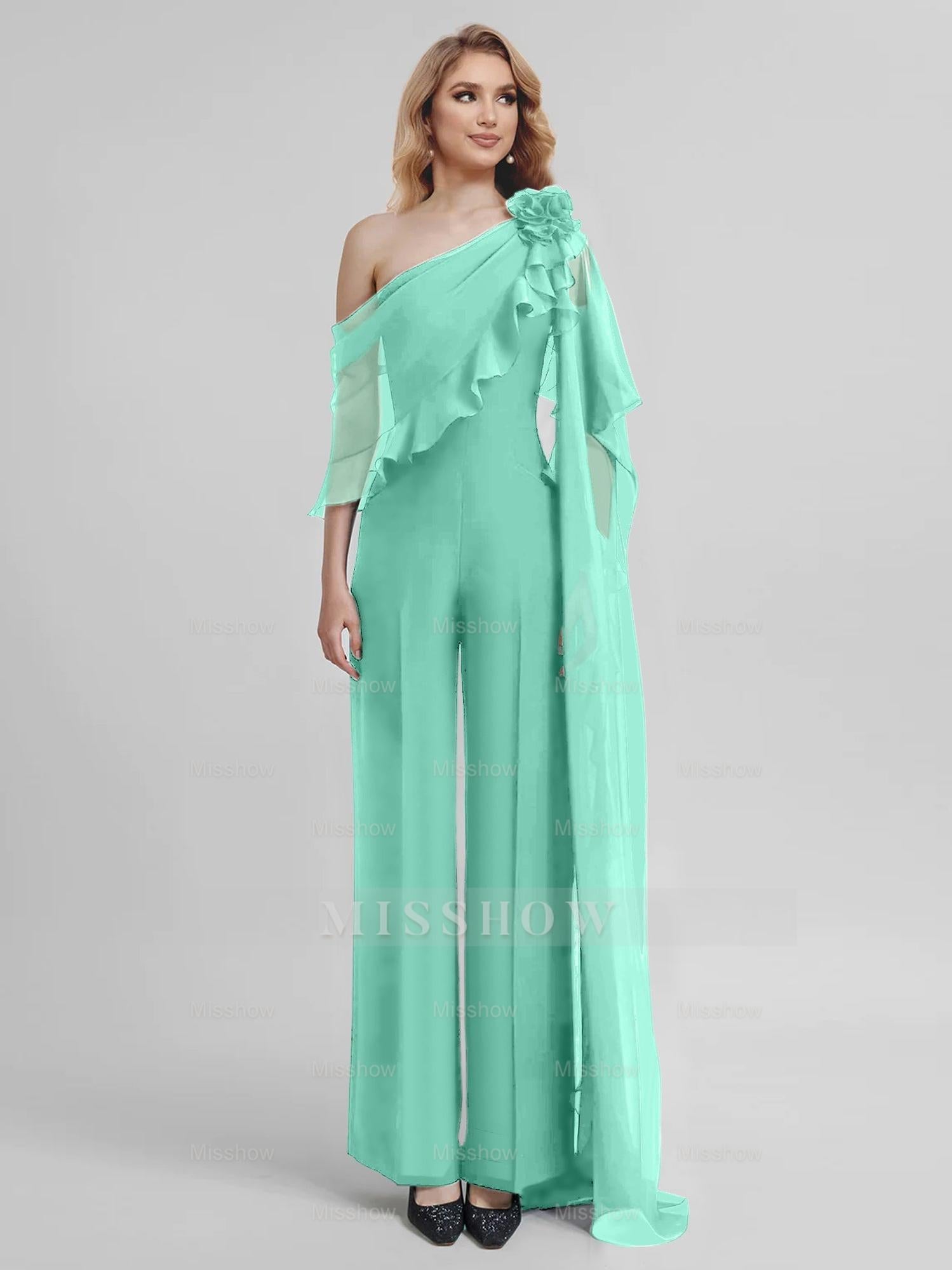 Chiffon One-Shoulder Jumpsuits with Half Sleeves for the Mother of the Bride