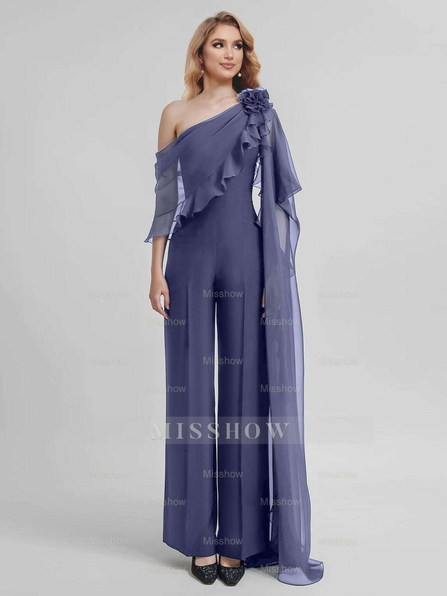 Chiffon One-Shoulder Jumpsuits with Half Sleeves for the Mother of the Bride