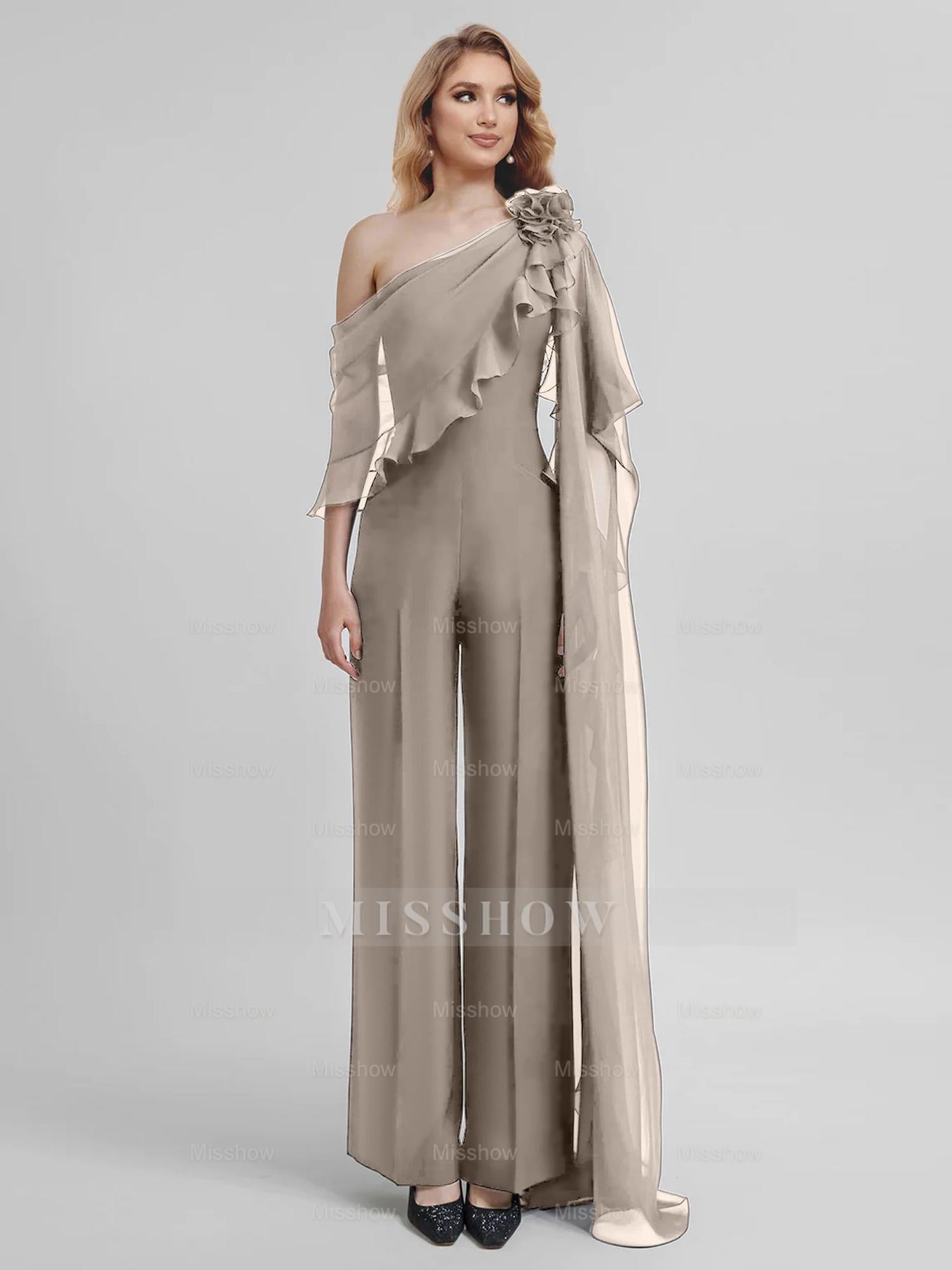 Chiffon One-Shoulder Jumpsuits with Half Sleeves for the Mother of the Bride