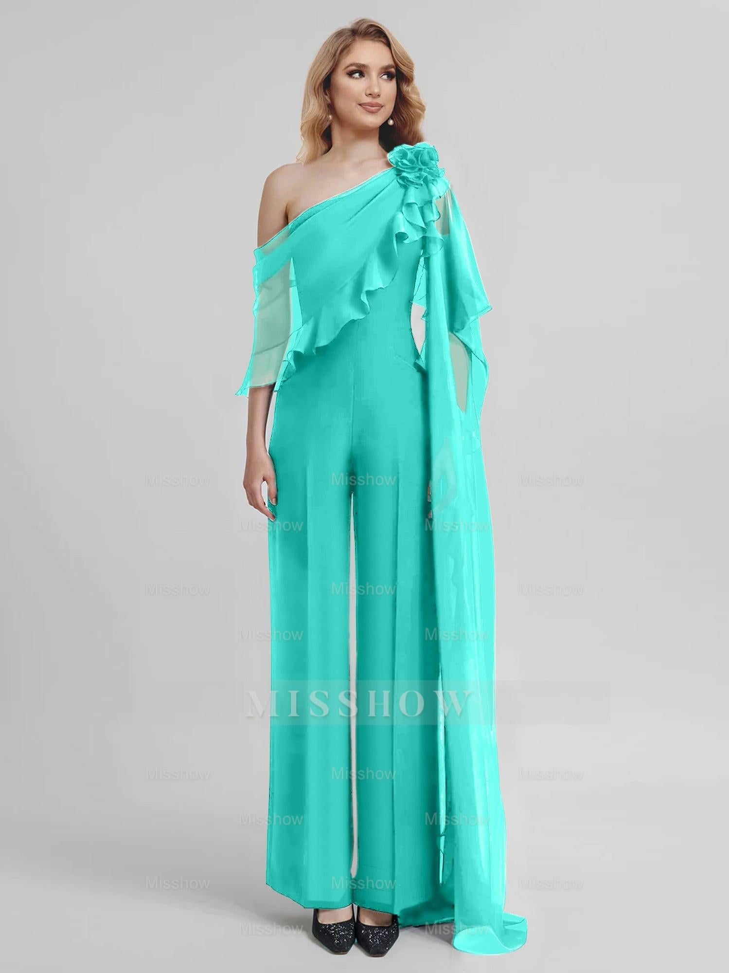 Chiffon One-Shoulder Jumpsuits with Half Sleeves for the Mother of the Bride