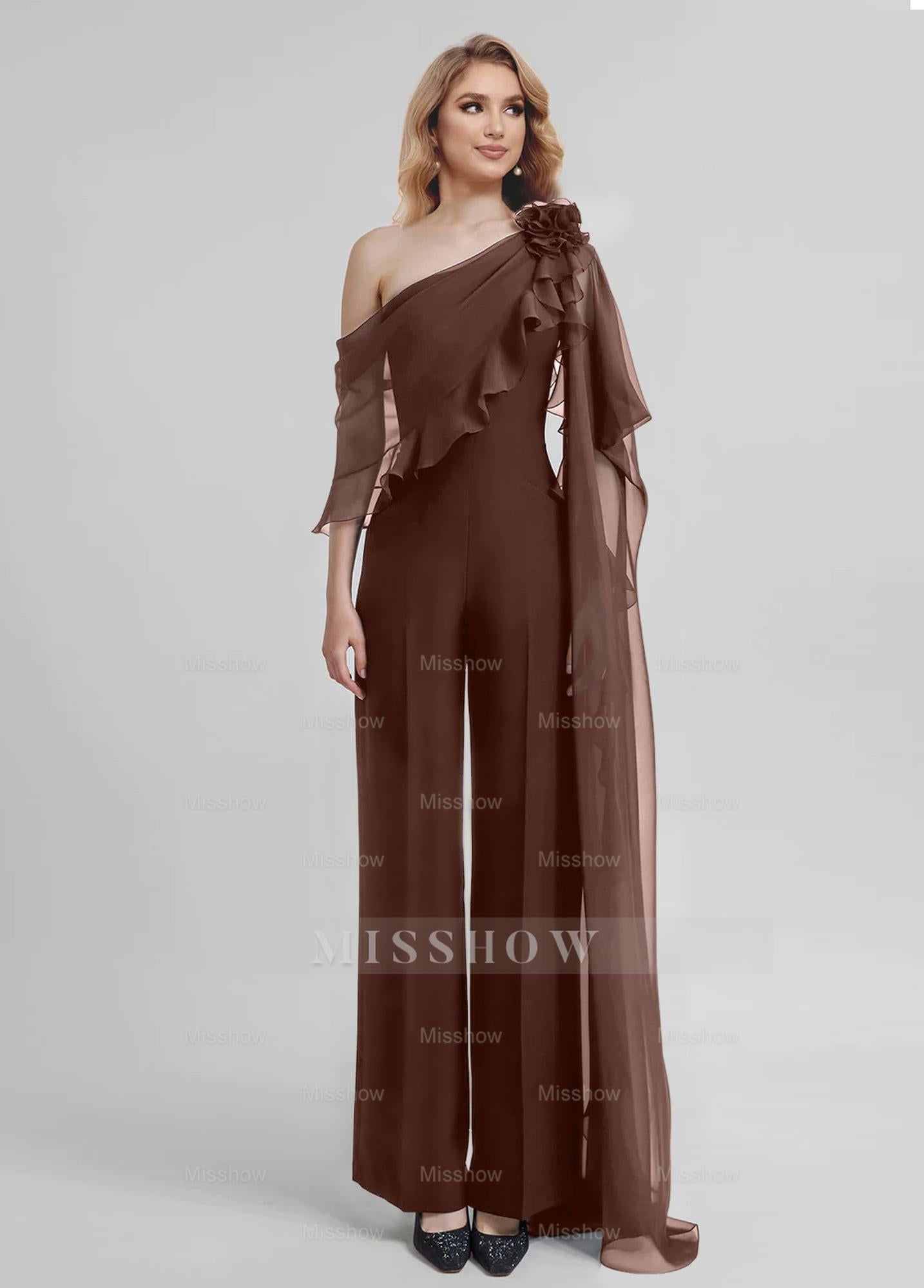 Chiffon One-Shoulder Jumpsuits with Half Sleeves for the Mother of the Bride
