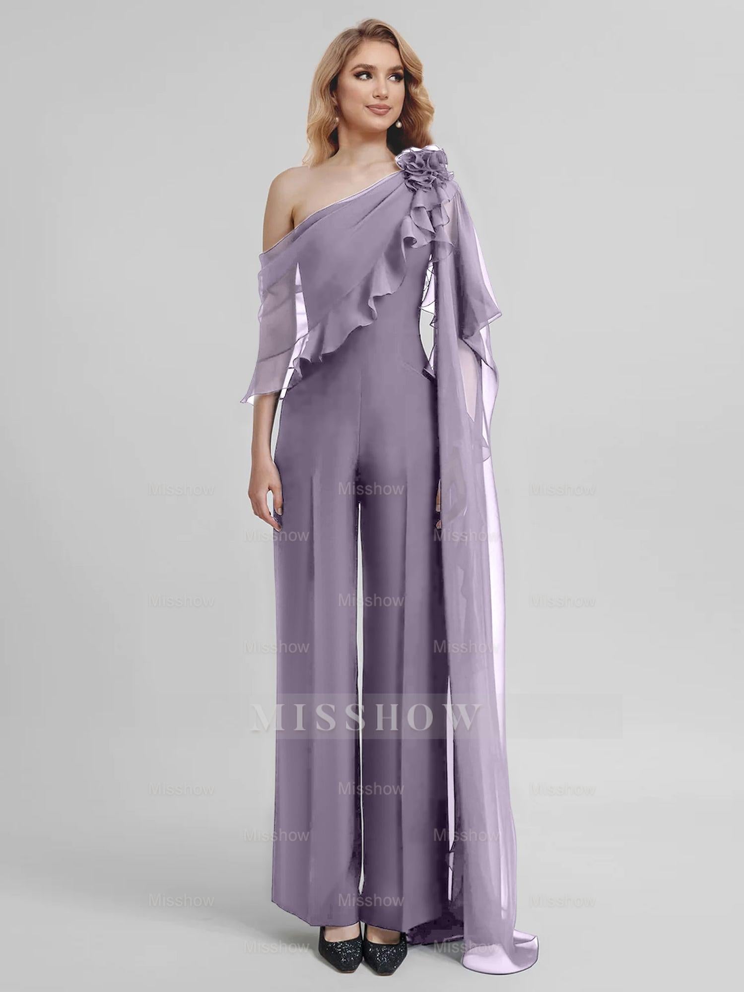 Chiffon One-Shoulder Jumpsuits with Half Sleeves for the Mother of the Bride