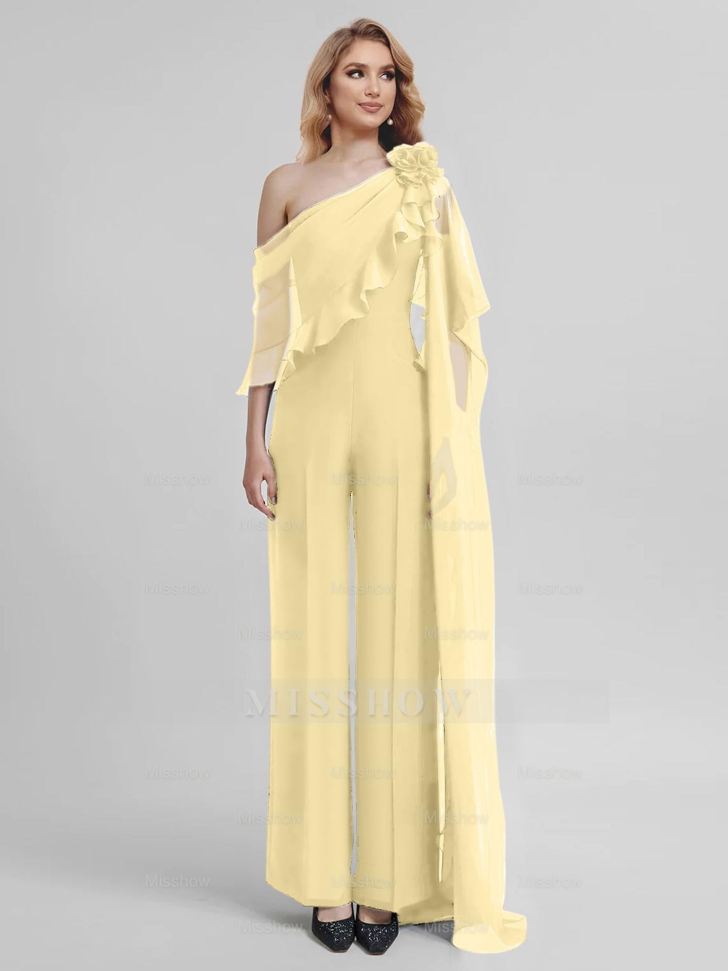 Chiffon One-Shoulder Jumpsuits with Half Sleeves for the Mother of the Bride