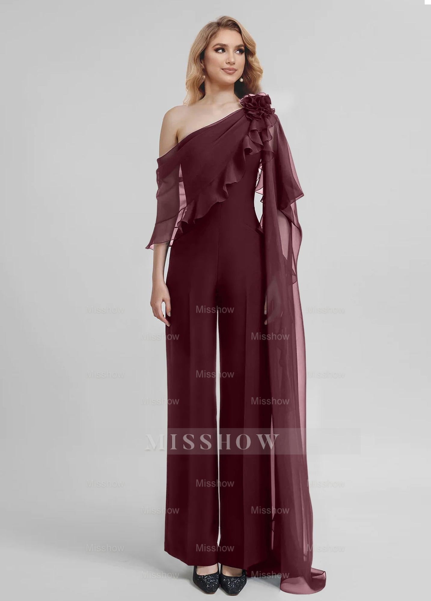 Chiffon One-Shoulder Jumpsuits with Half Sleeves for the Mother of the Bride