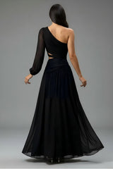 Chiffon One Shoulder Long Sleeves Long Formal Dress With Pleated