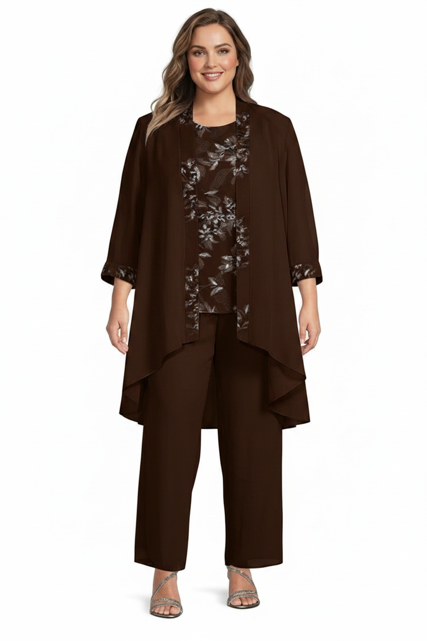 Chiffon Round Neck Floor-Length Plus Size Mother of the Bride Pantsuits with Jacket
