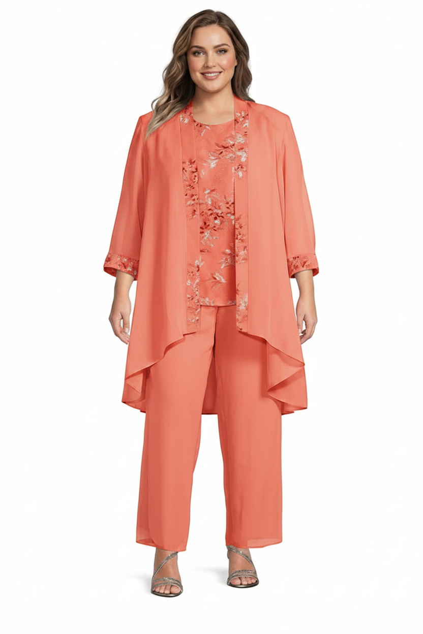 Chiffon Round Neck Floor-Length Plus Size Mother of the Bride Pantsuits with Jacket