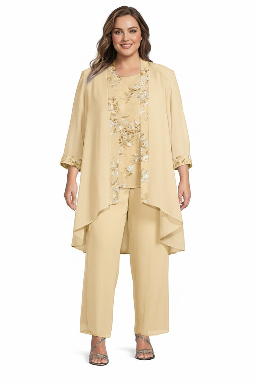 Chiffon Round Neck Floor-Length Plus Size Mother of the Bride Pantsuits with Jacket