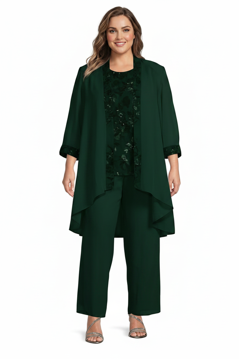 Chiffon Round Neck Floor-Length Plus Size Mother of the Bride Pantsuits with Jacket