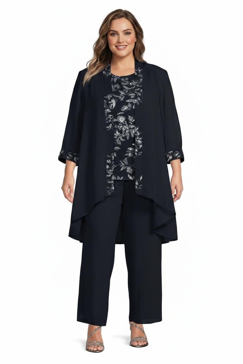 Chiffon Round Neck Floor-Length Plus Size Mother of the Bride Pantsuits with Jacket