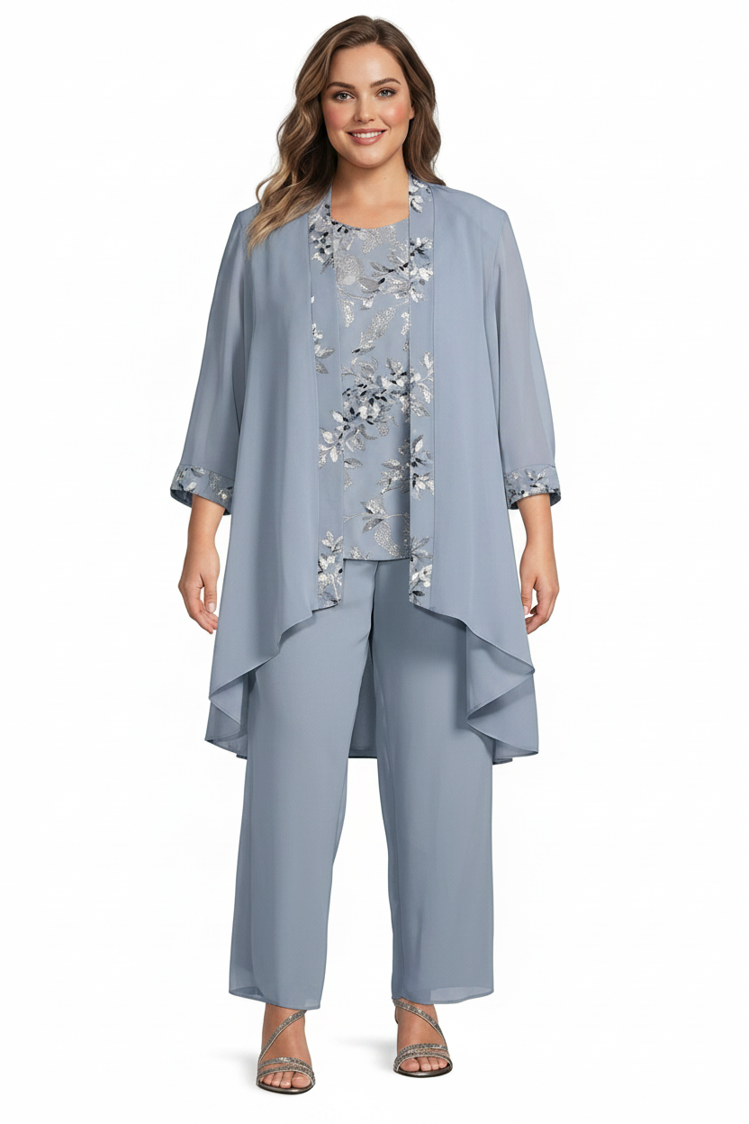Chiffon Round Neck Floor-Length Plus Size Mother of the Bride Pantsuits with Jacket