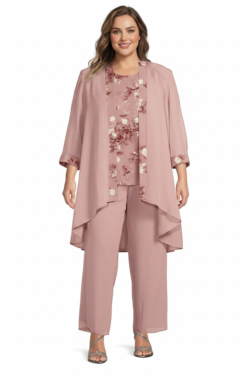 Chiffon Round Neck Floor-Length Plus Size Mother of the Bride Pantsuits with Jacket